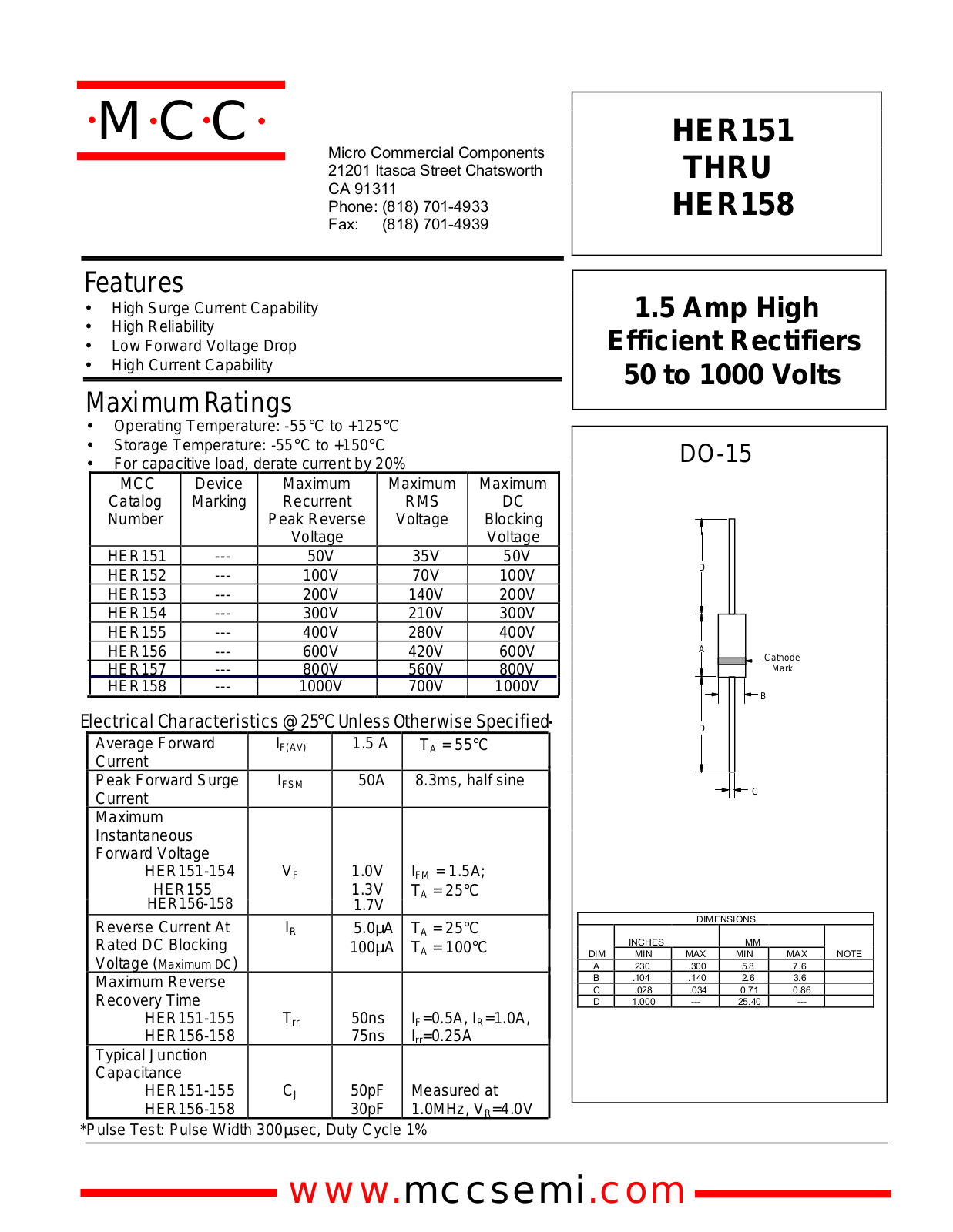 MCC HER158, HER157, HER156, HER155, HER154 Datasheet