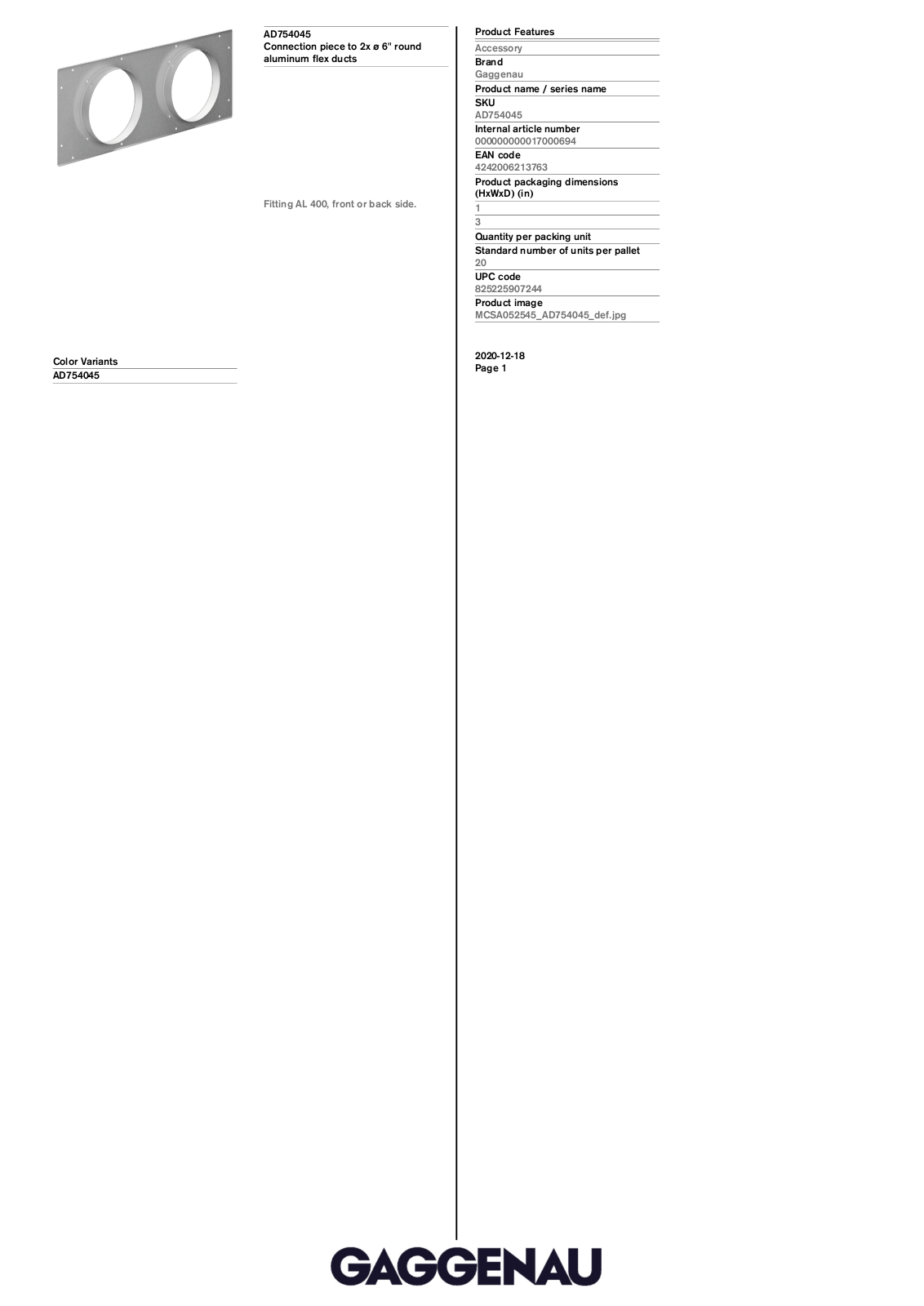 Gaggenau AD754045 Specification Sheet