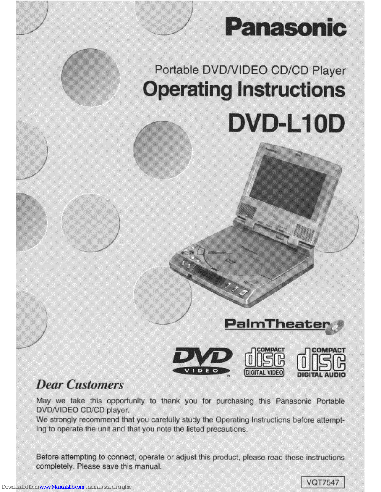 Panasonic DVD-L10, DVDL10D - DIG. VIDEO DISCPLAYE, PalmTheater DVD-L10D Operating Instructions Manual