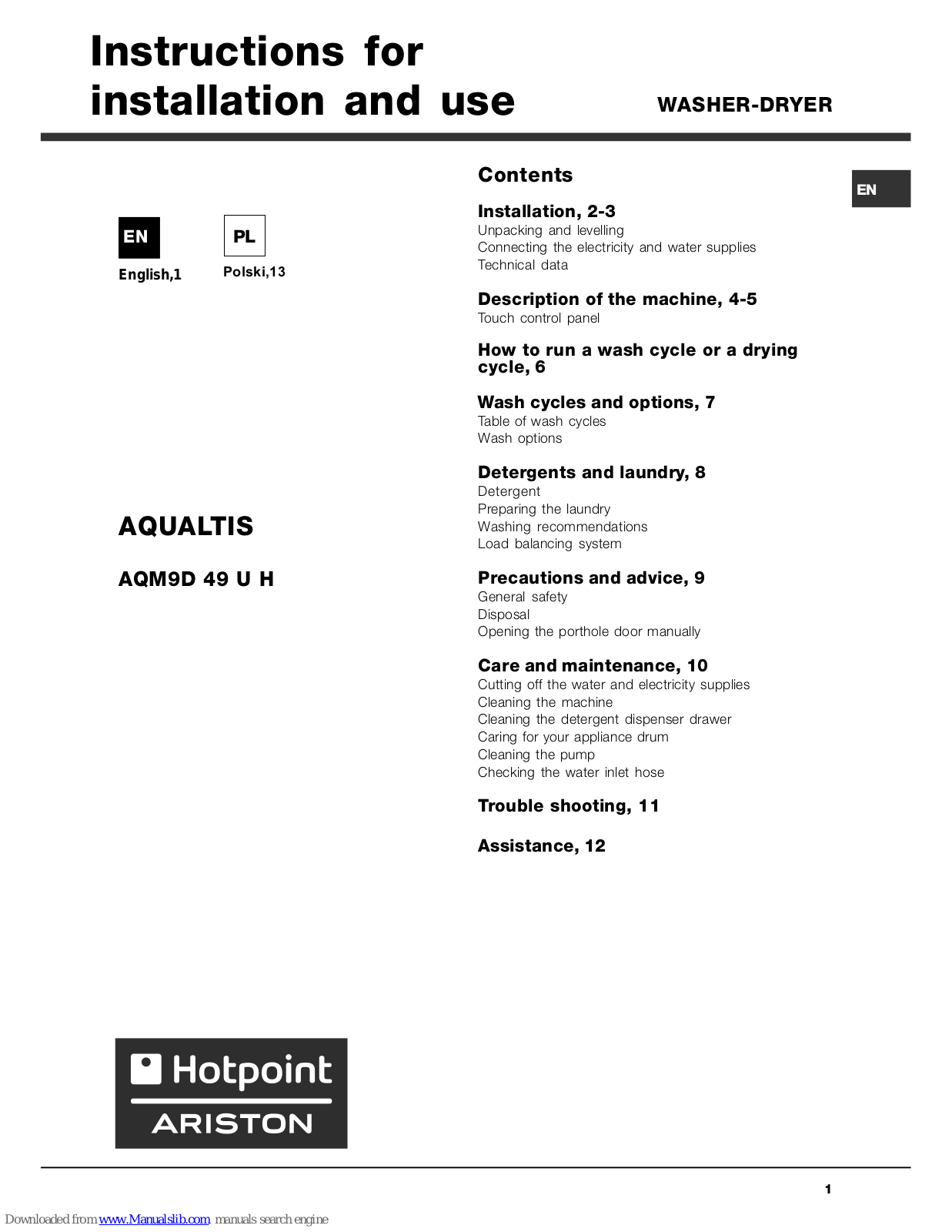 Hotpoint Ariston AQM9D 49 U H Instructions For Installation And Use Manual