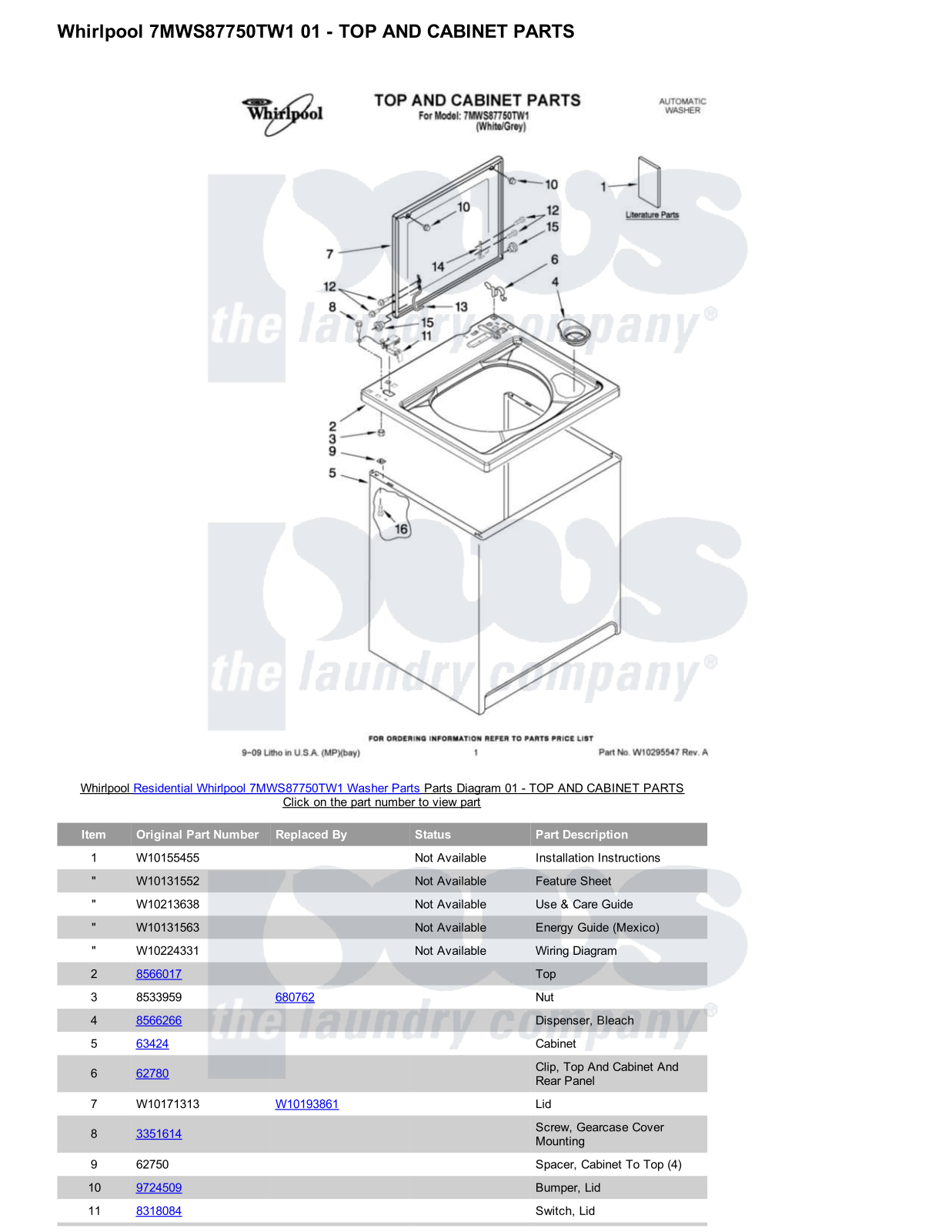 Whirlpool 7MWS87750TW1 Parts Diagram