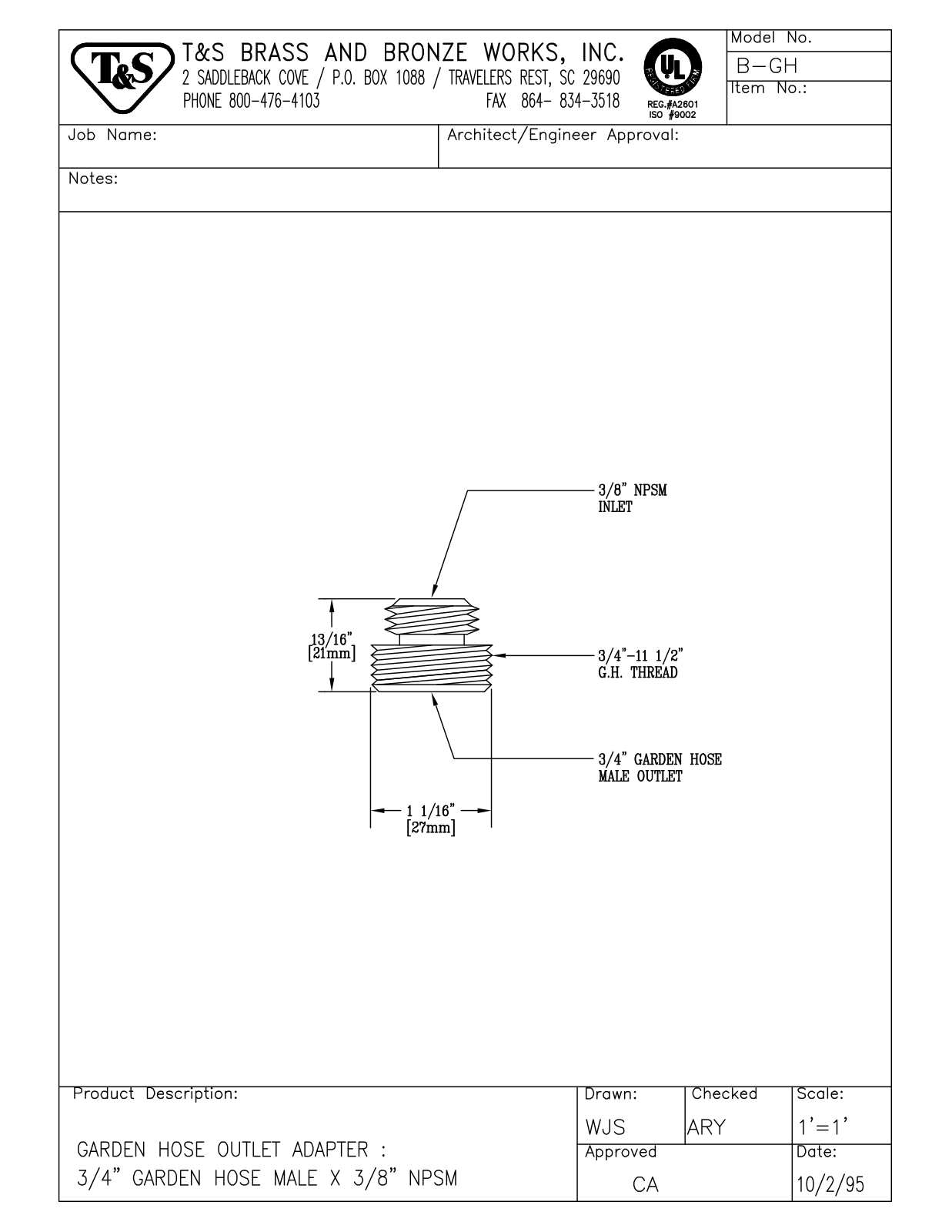 T & S Brass & Bronze Works B-GH General Manual