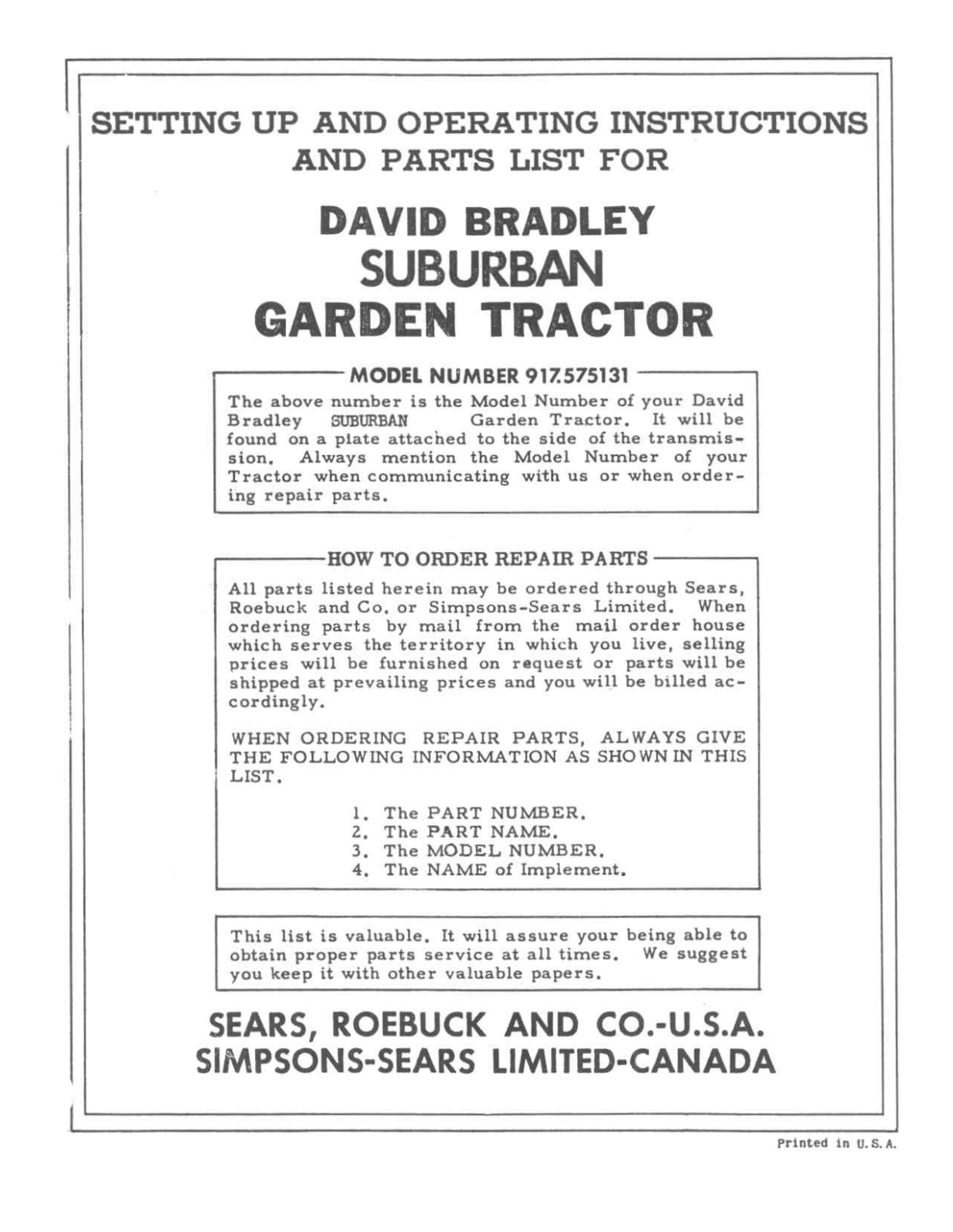 Sears, Roebuck and Co. 917.575131 Setting Up And Operating Instructions