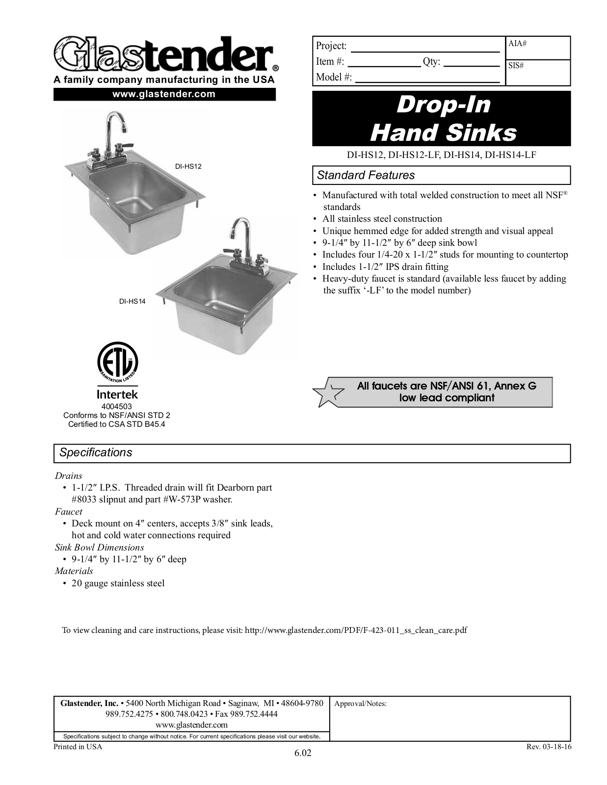 Glastender DI-HS12 User Manual