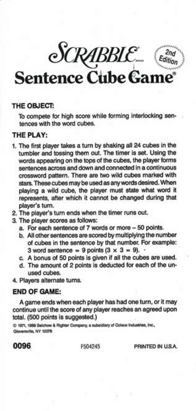 HASBRO Scrabble Sentence Cube User Manual