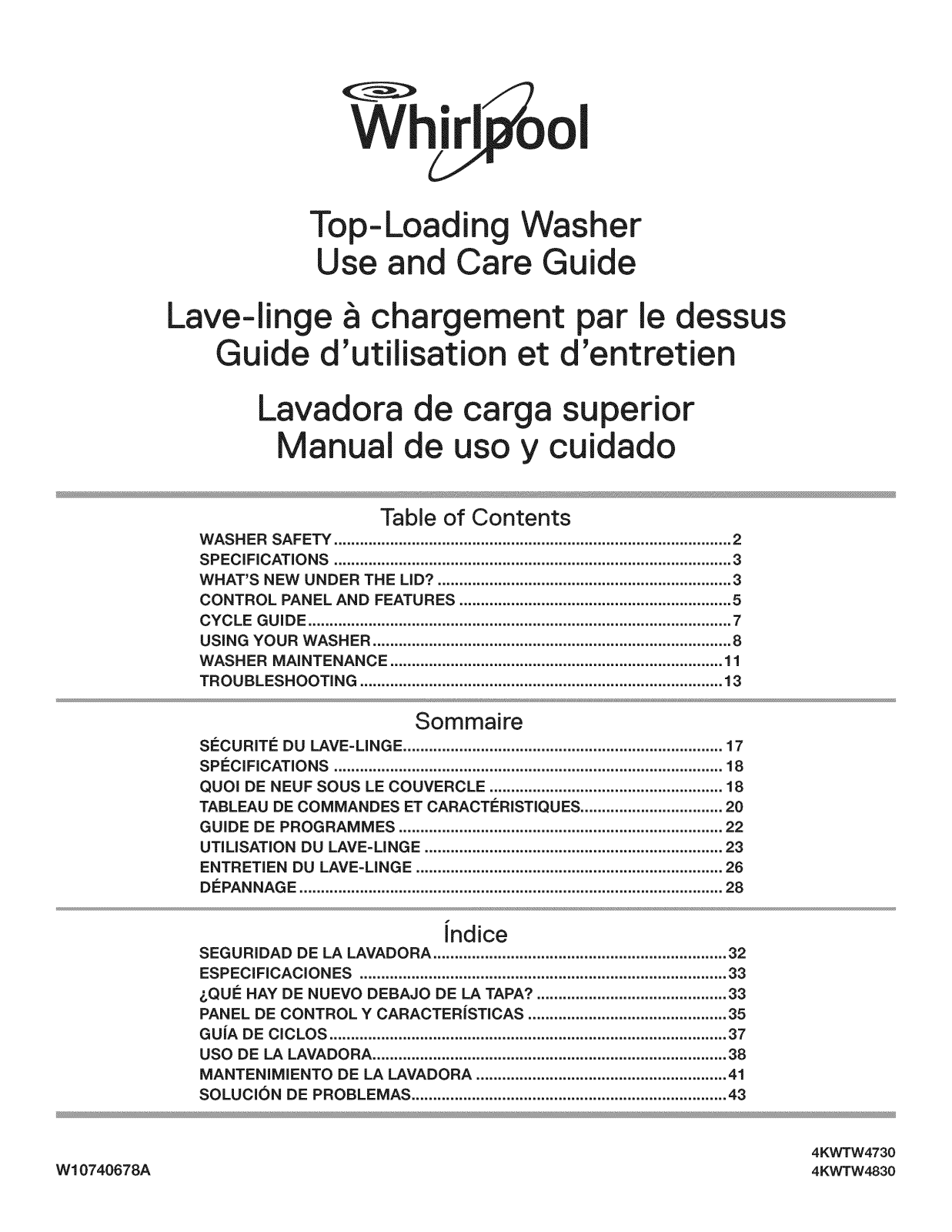 Whirlpool 4KWTW4830EQ0, 4KWTW4730EQ0 Owner’s Manual