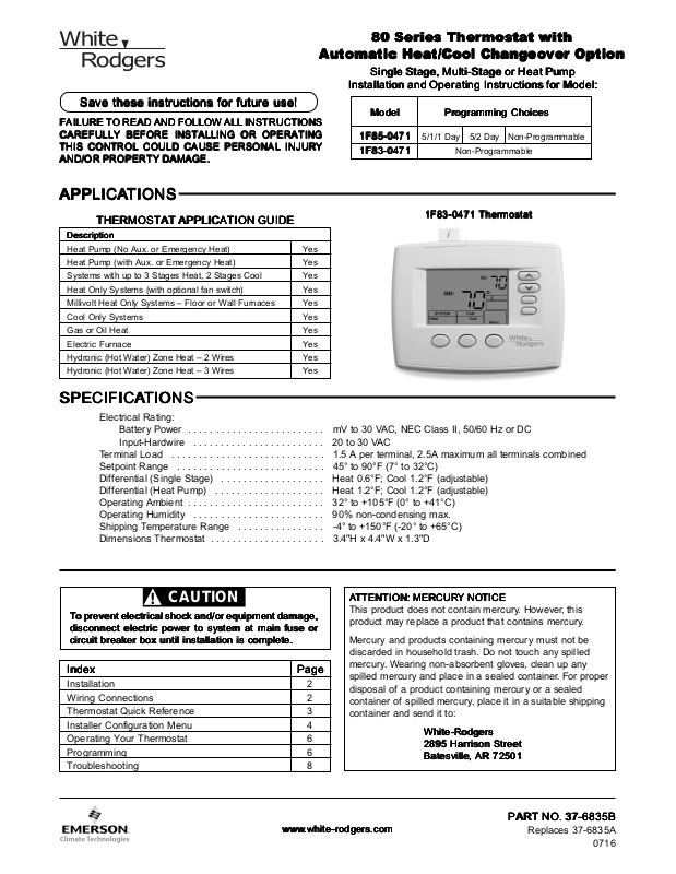 White Rodgers 1F83-0471 User Manual