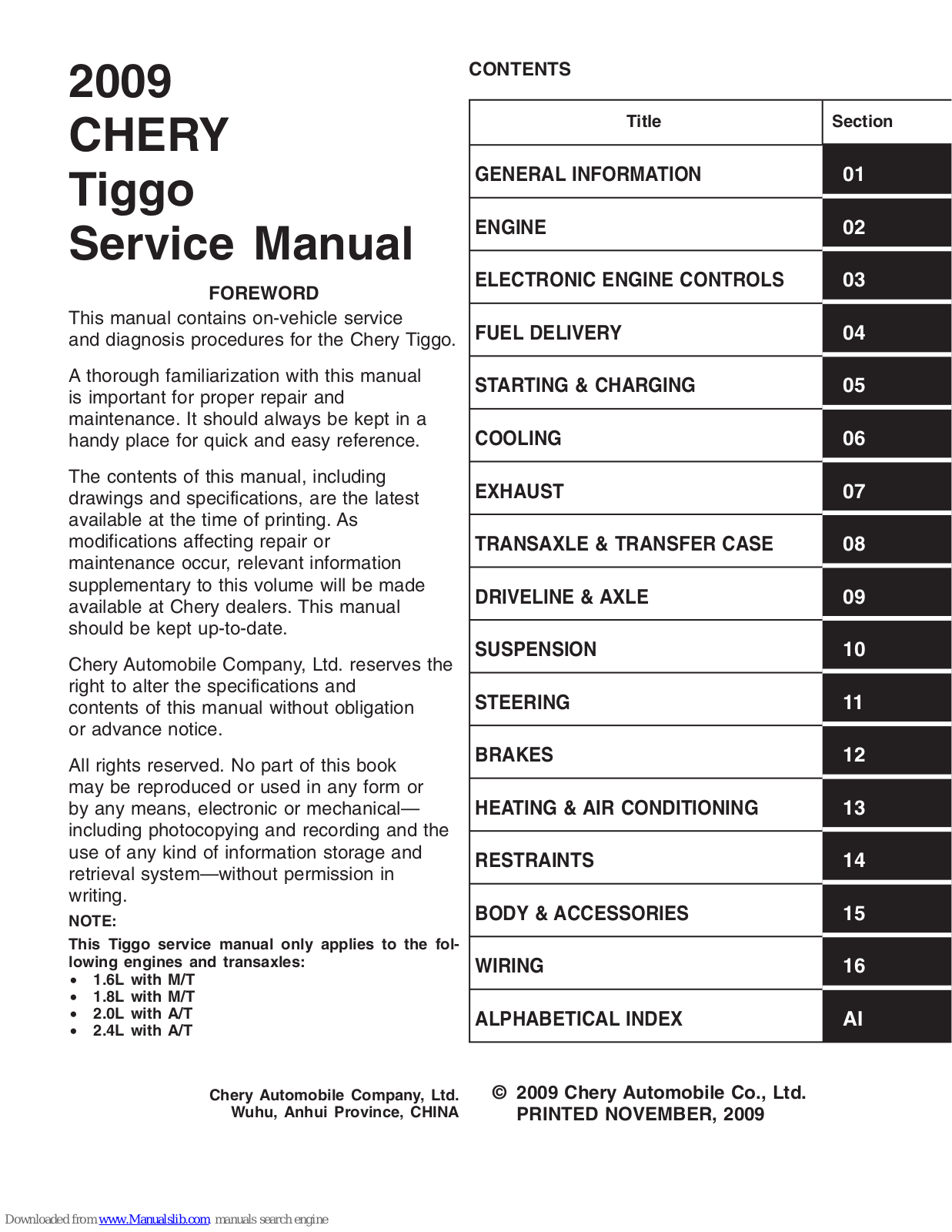 Chery Tiggo 2009 User Manual
