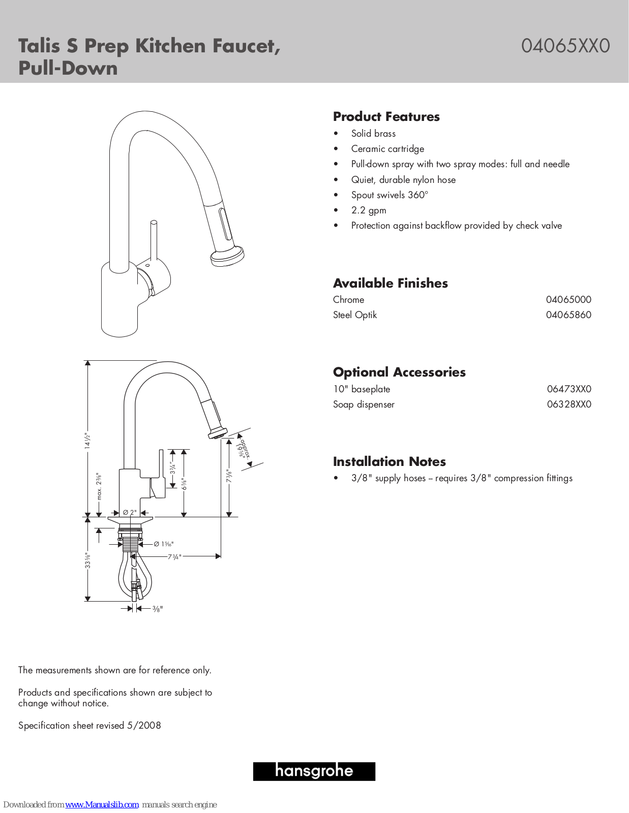 Hansgrohe 04065000, 04065860 Specification Sheet