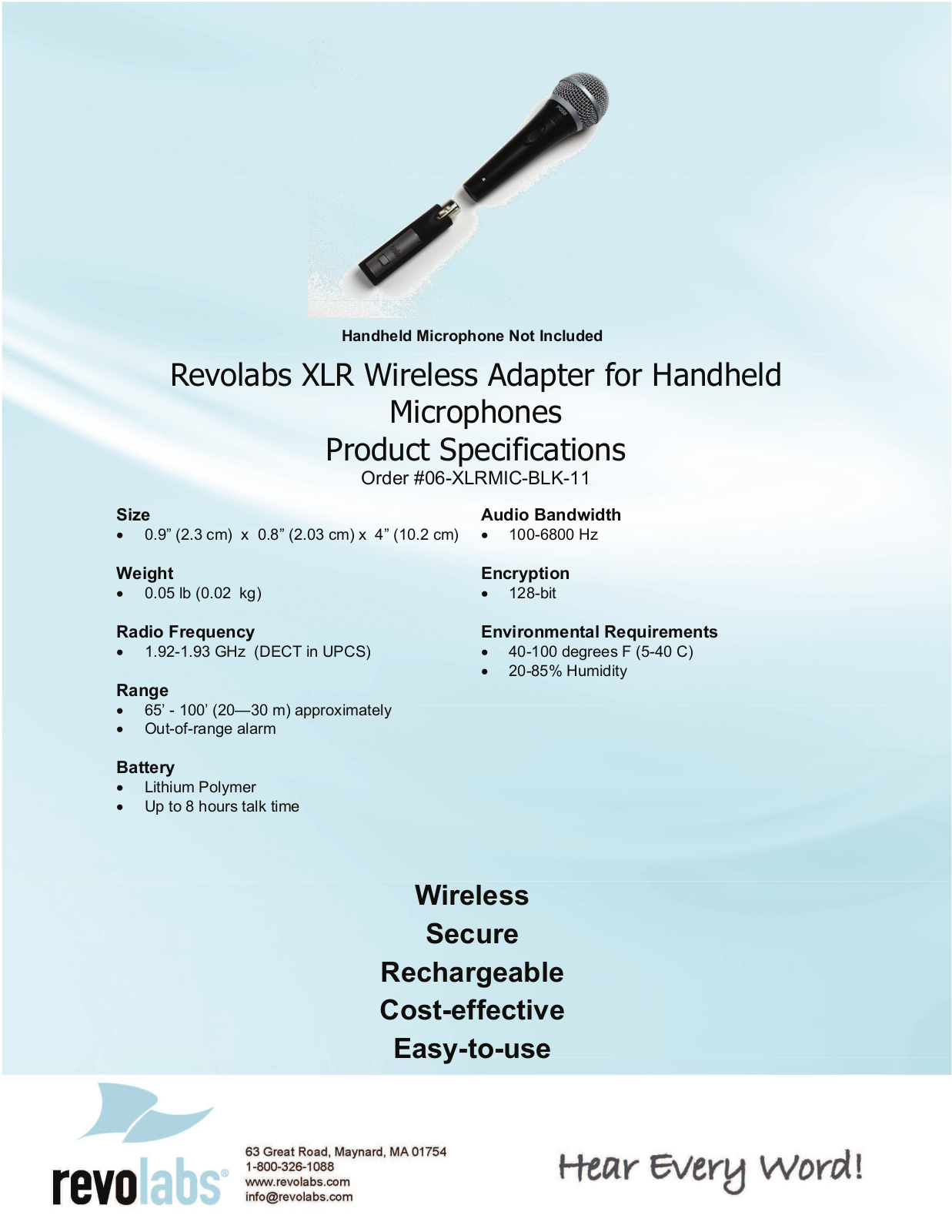 Revolabs 06-XLRMIC-BLK-11 Specifications