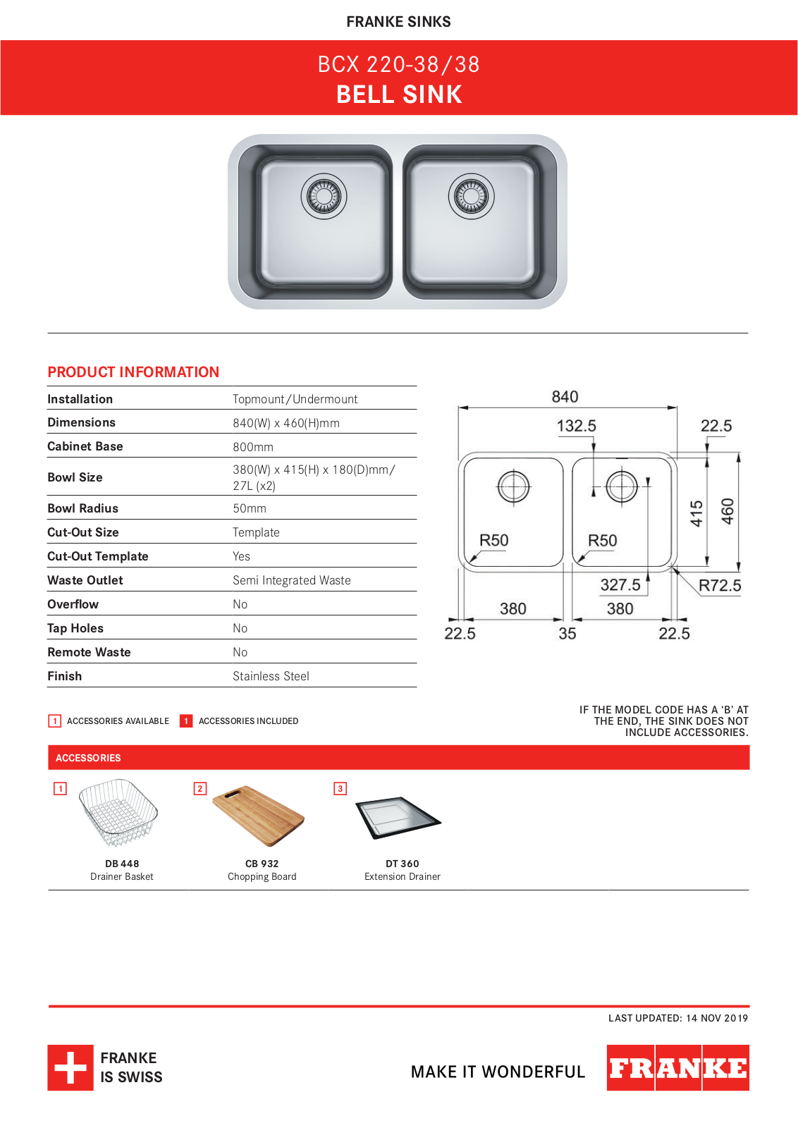 Franke BCX220-38/38 Specifications Sheet