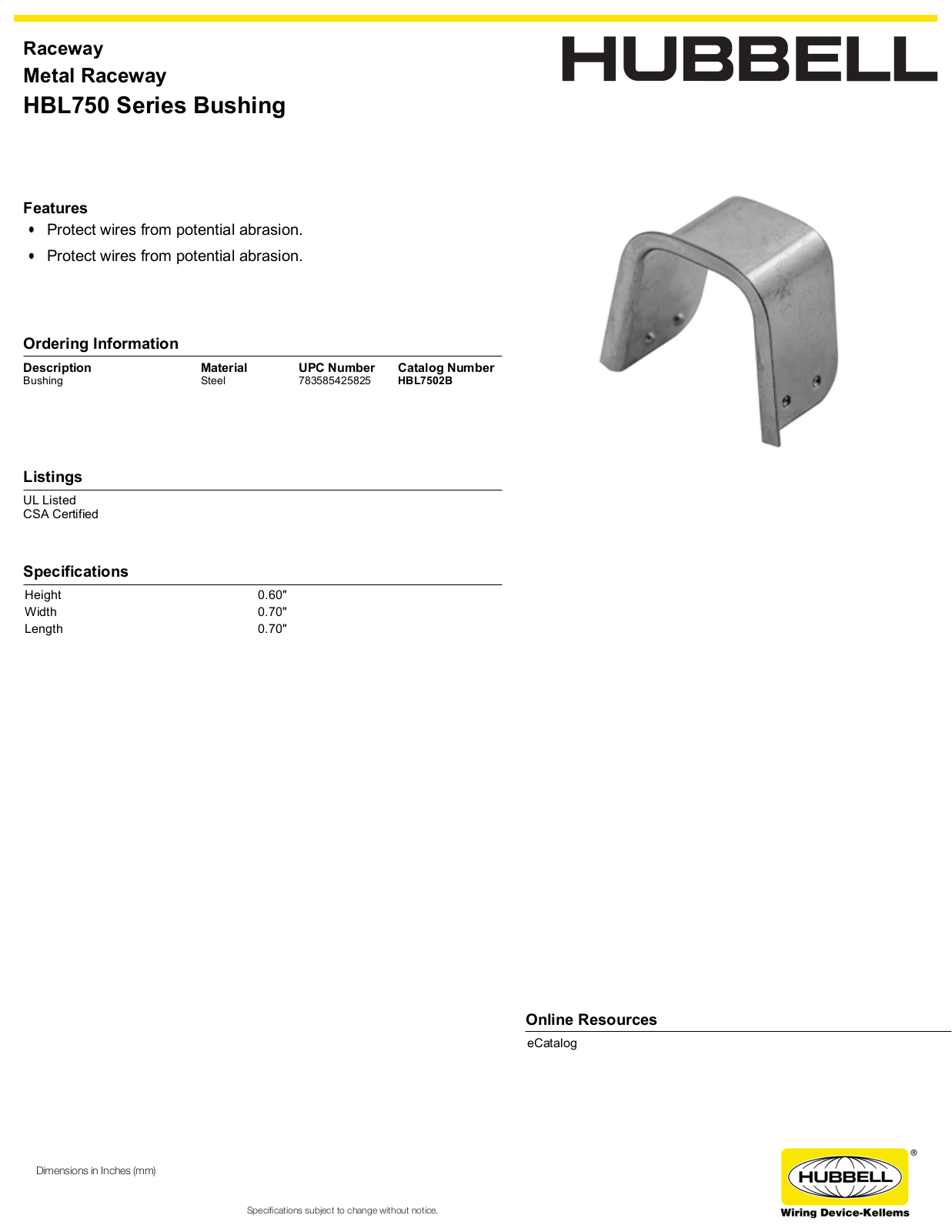 Hubbell HBL7502B Specifications