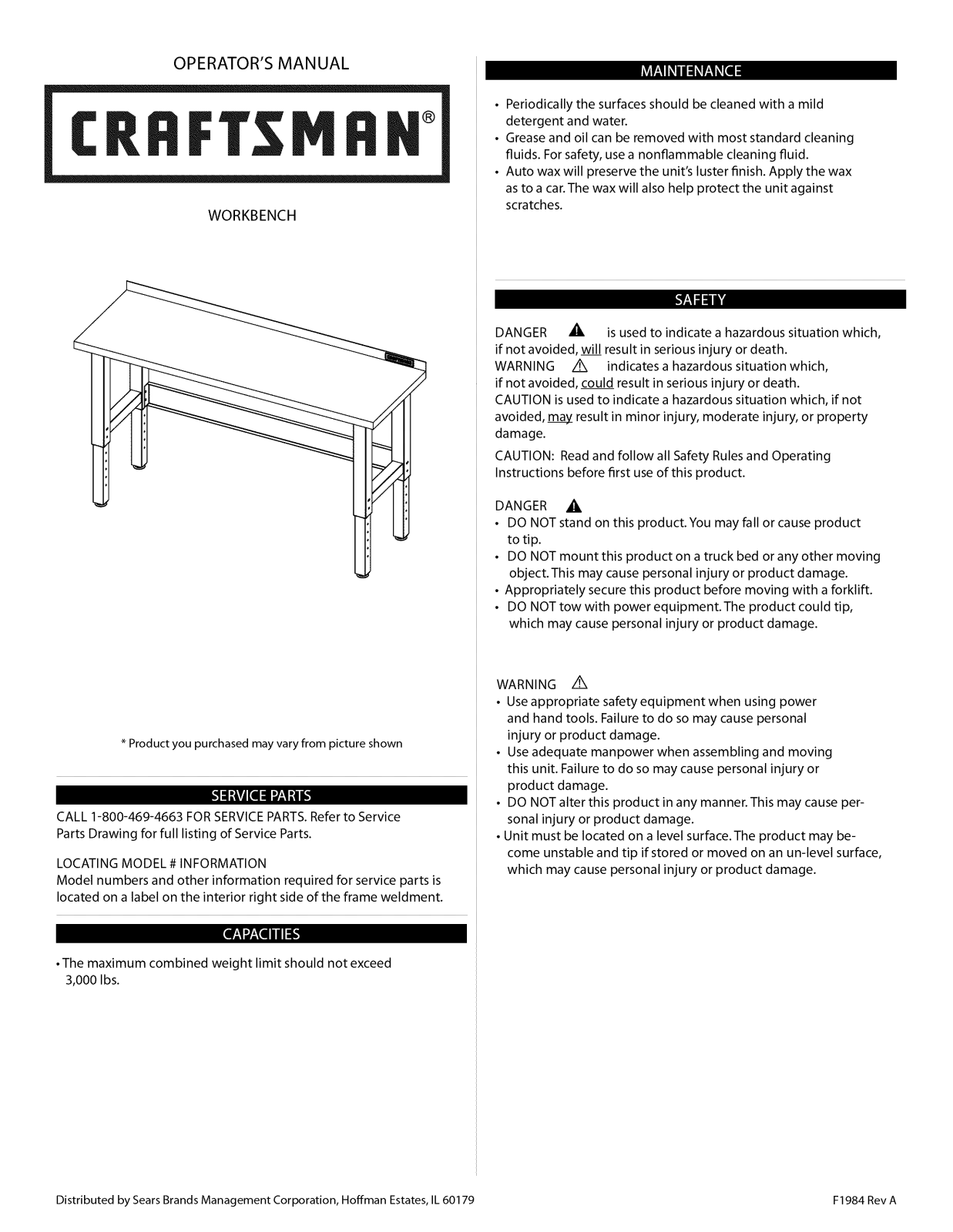 Craftsman 706466380, 706466350, 706466330, 706466310 Owner’s Manual