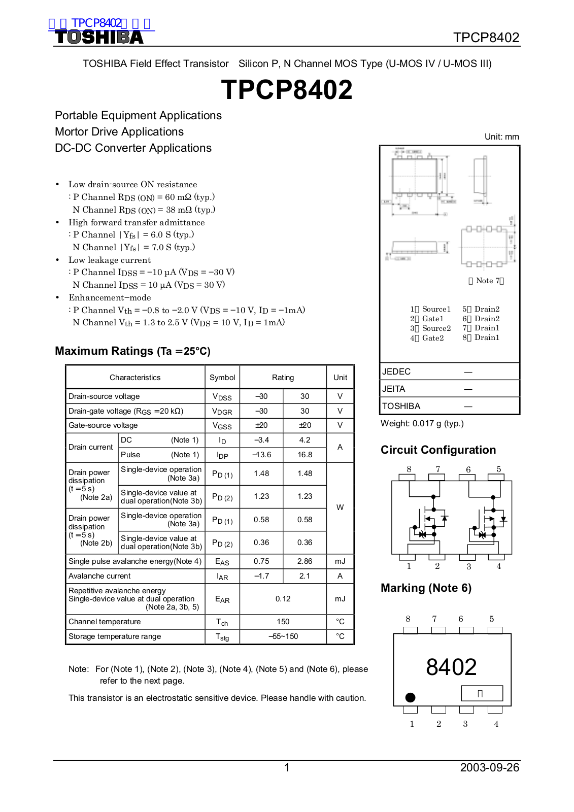 TOSHIBA TPCP8402 Technical data