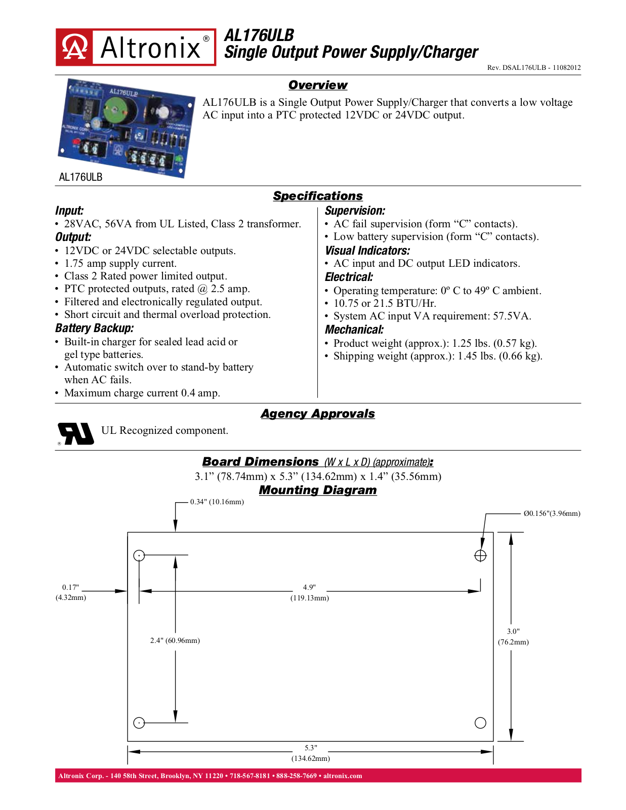 Altronix AL176ULB Specsheet