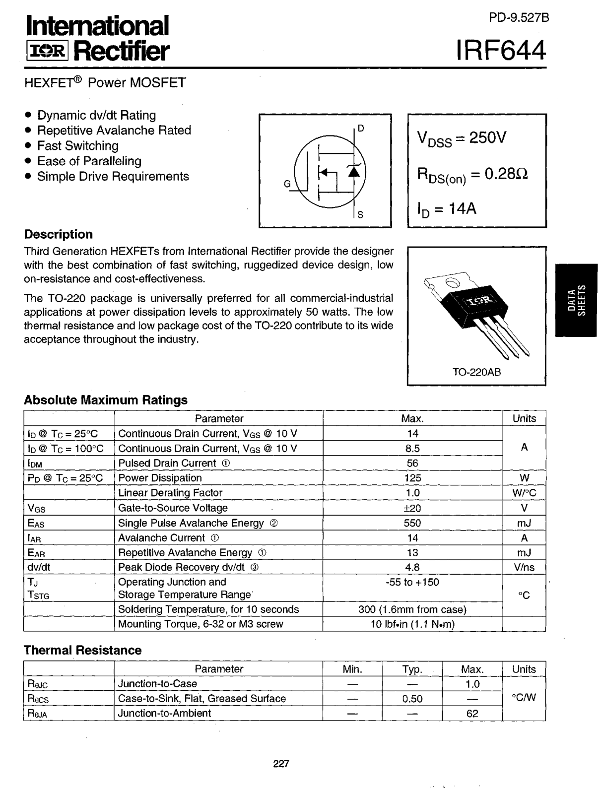 International Rectifier IRF644 Datasheet