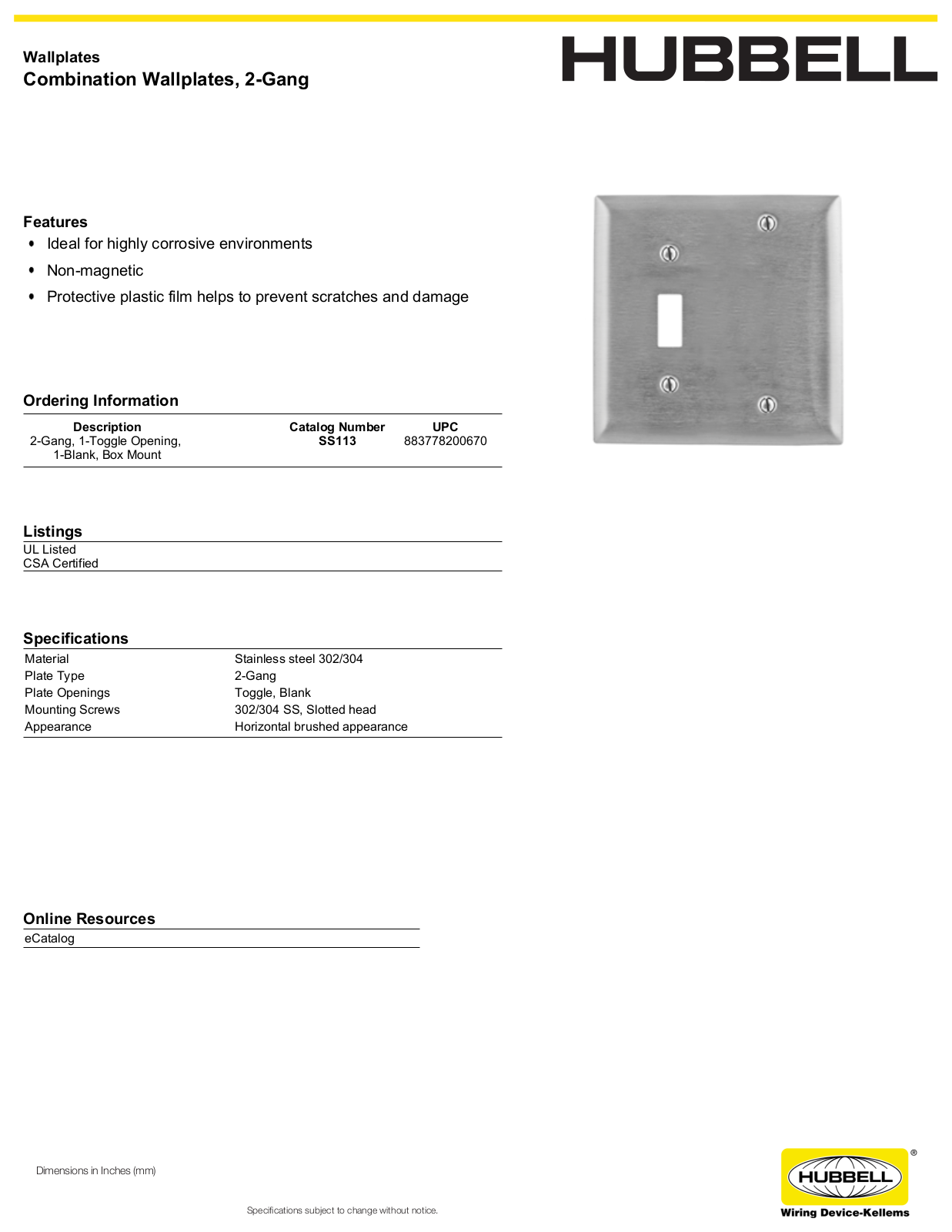 Hubbell SS113 Specifications