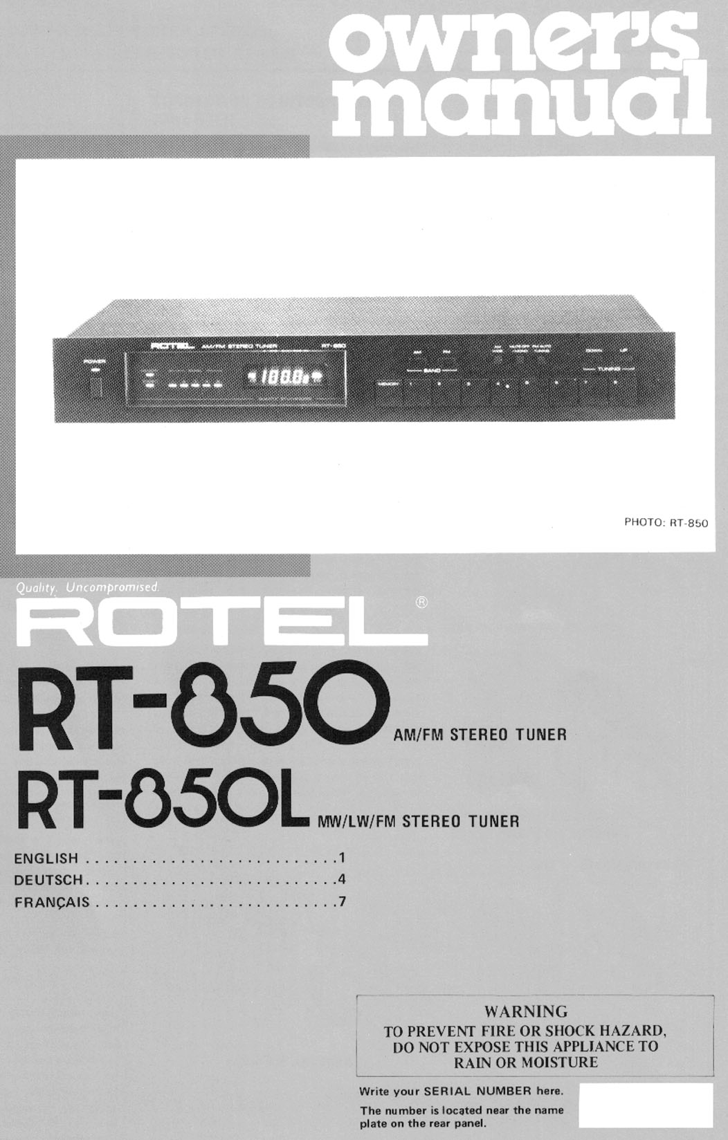 Rotel RT-850, RT-850L User Manual