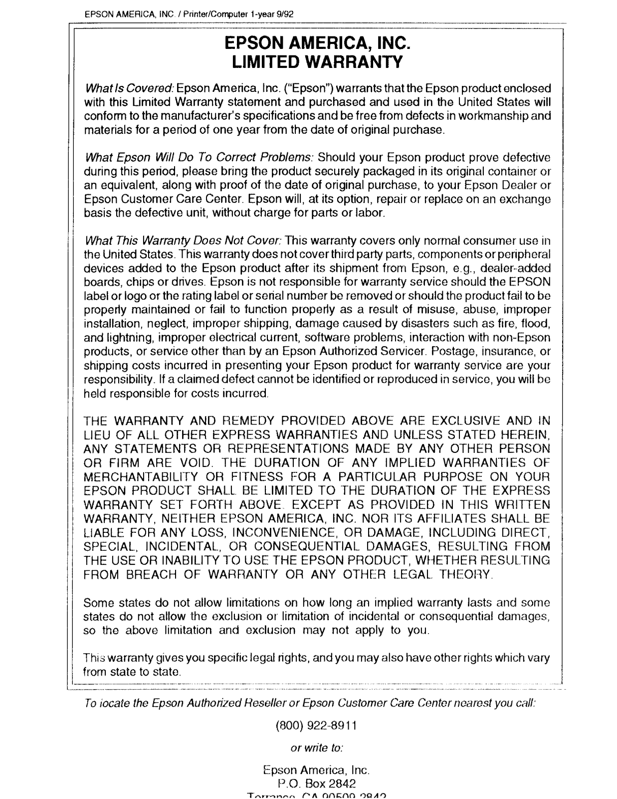 Epson Monitor-15, Monitor-17 Warranty Statement