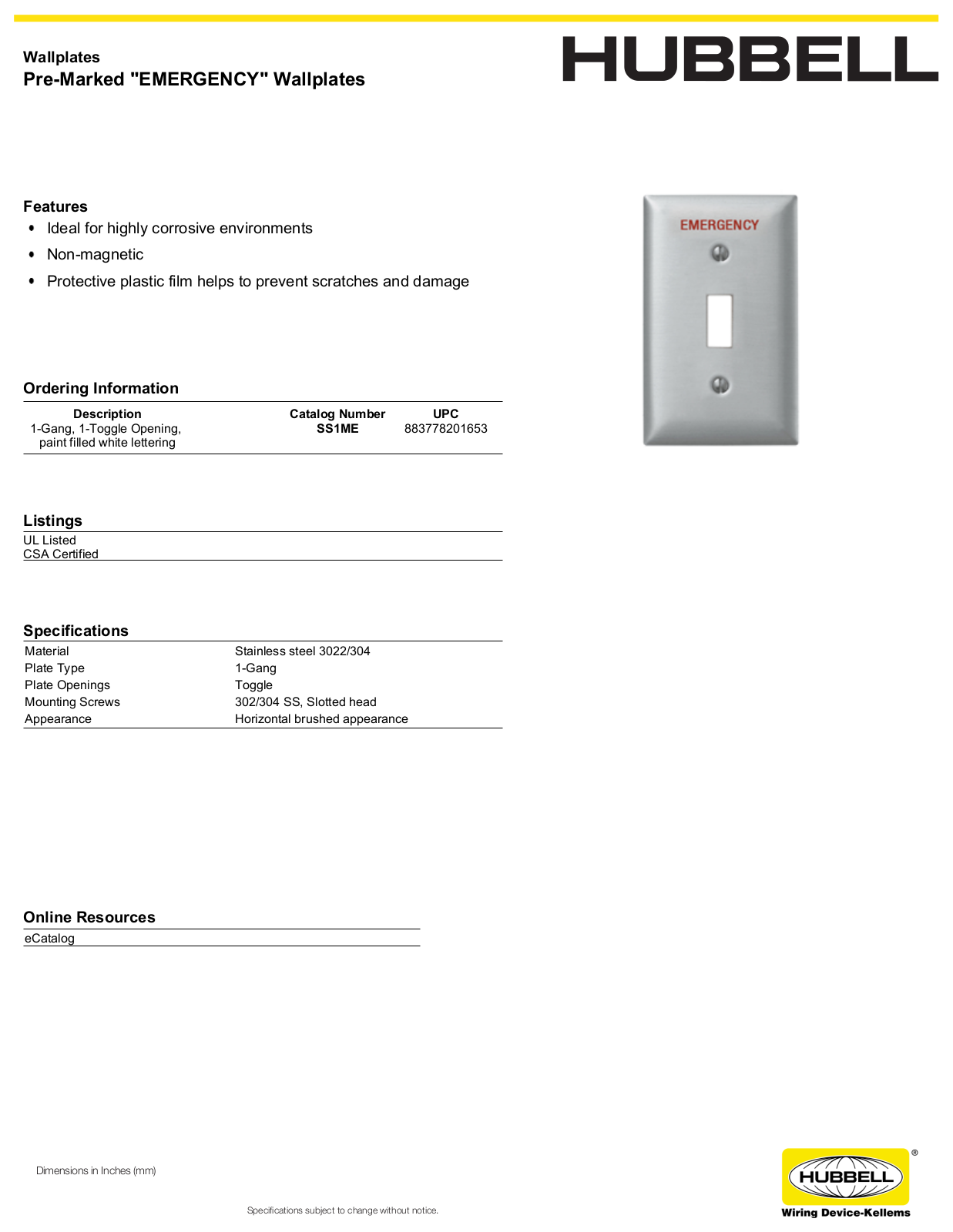 Hubbell SS1ME Specifications