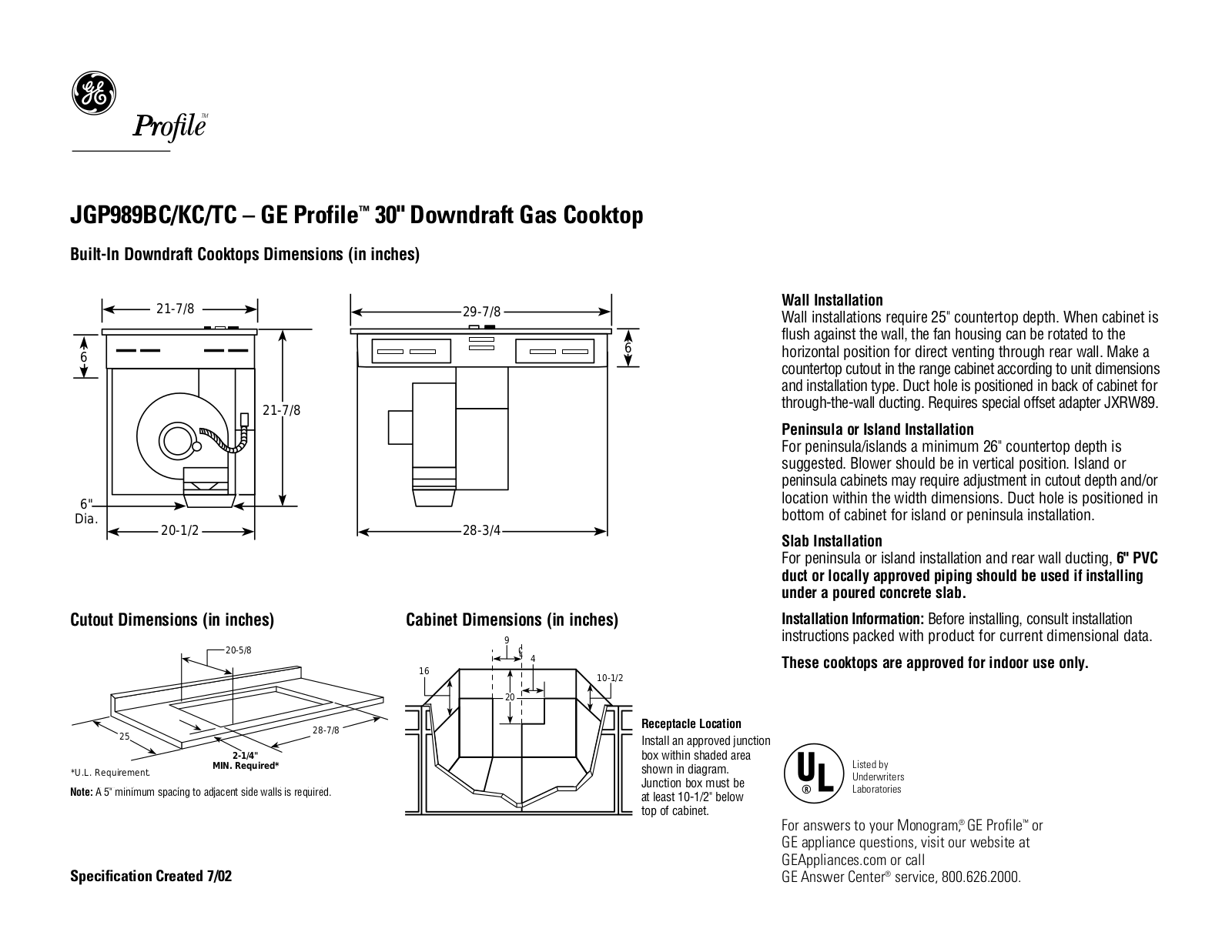 GE JGP989BC, JGP989KC, JGP989TC Specification