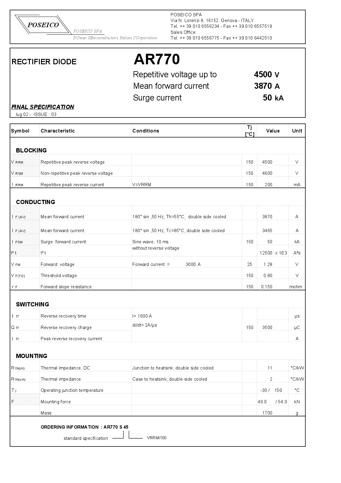 POSEICO AR770S45 Datasheet