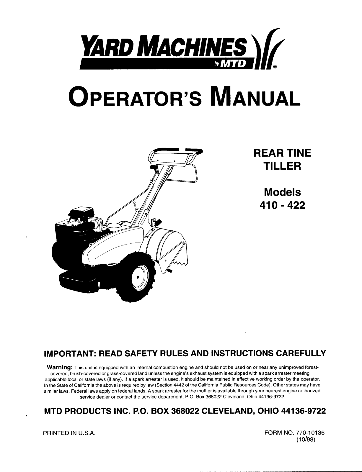 Yard Machines 410-422, 422 User Manual