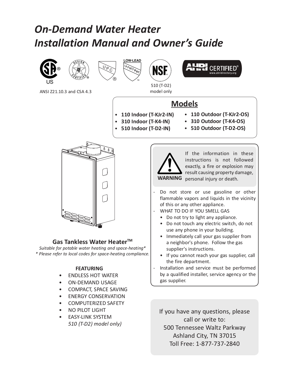 A.O. Smith ATI-110-N, ATI-110-P, ATI-310-N, ATI-310-P, ATI-510-N Installation Manual