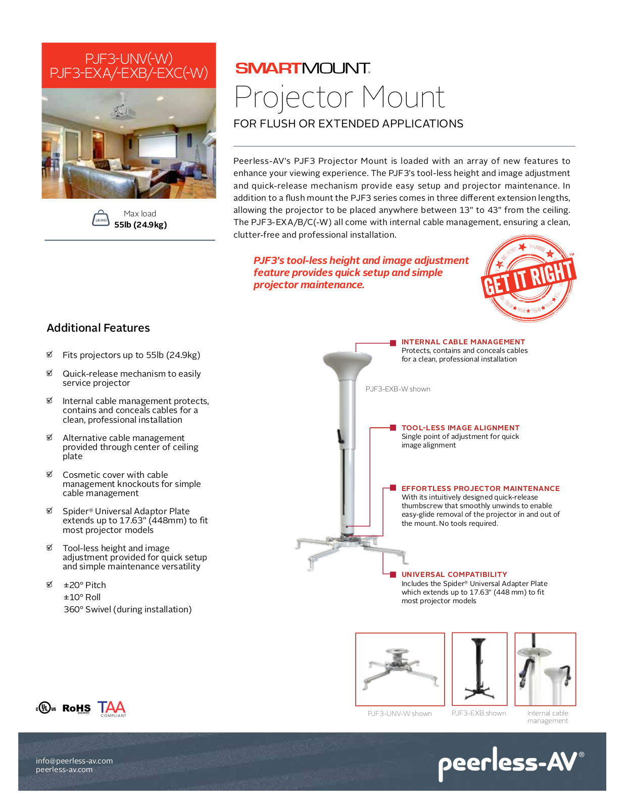 Peerless-AV PJF3-EXA, PJF3-EXA-W, PJF3-EXB, PJF3-EXC, PJF3-UNV Specsheet