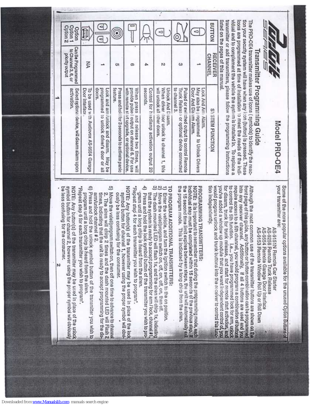 Audiovox PRO-OE4 Programming Manual