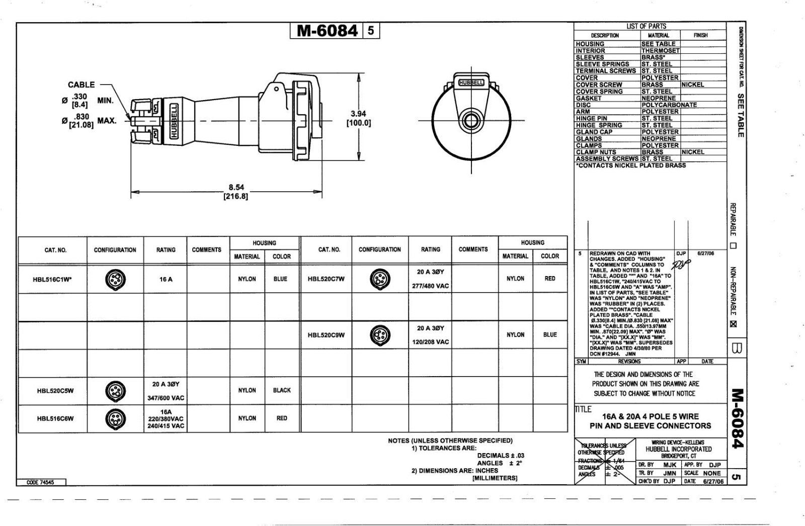 Hubbell HBL516C6W Reference Drawing