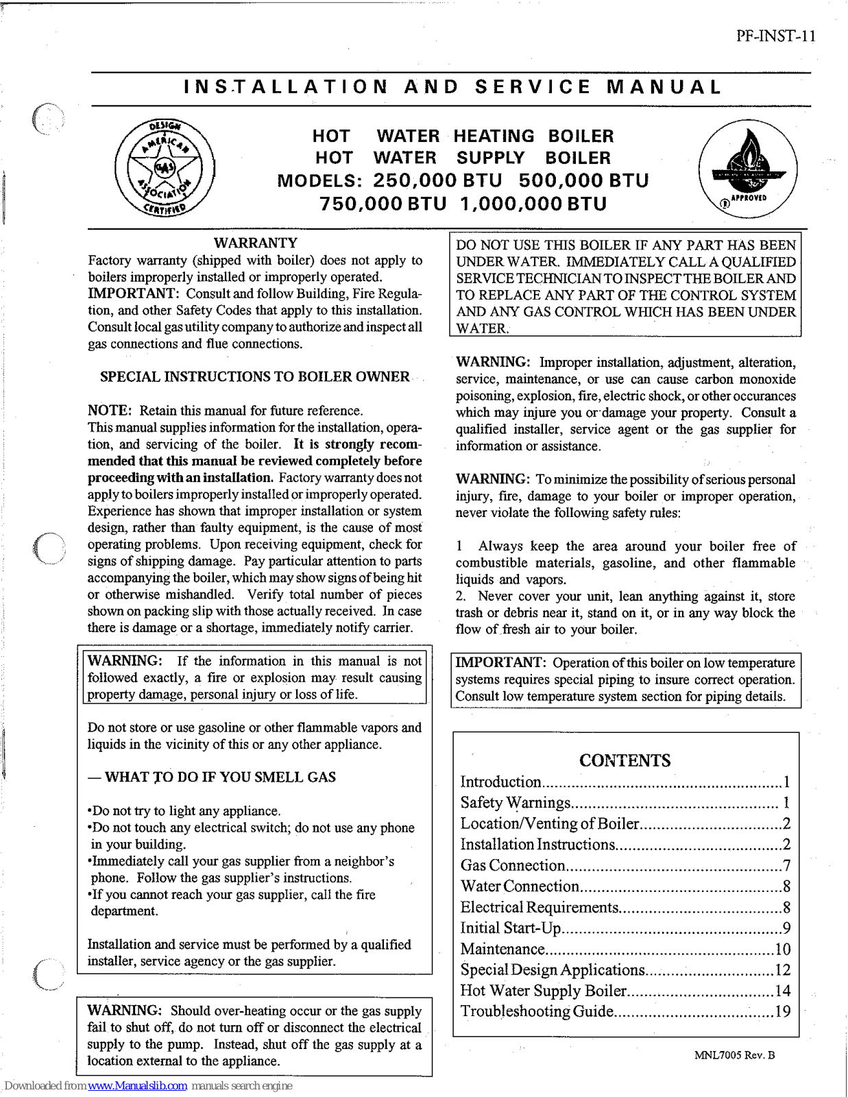 Lochinvar 250000 BTU, 500000 BTU, 750000 BTU, 1000000 BTU Installation And Service Manual