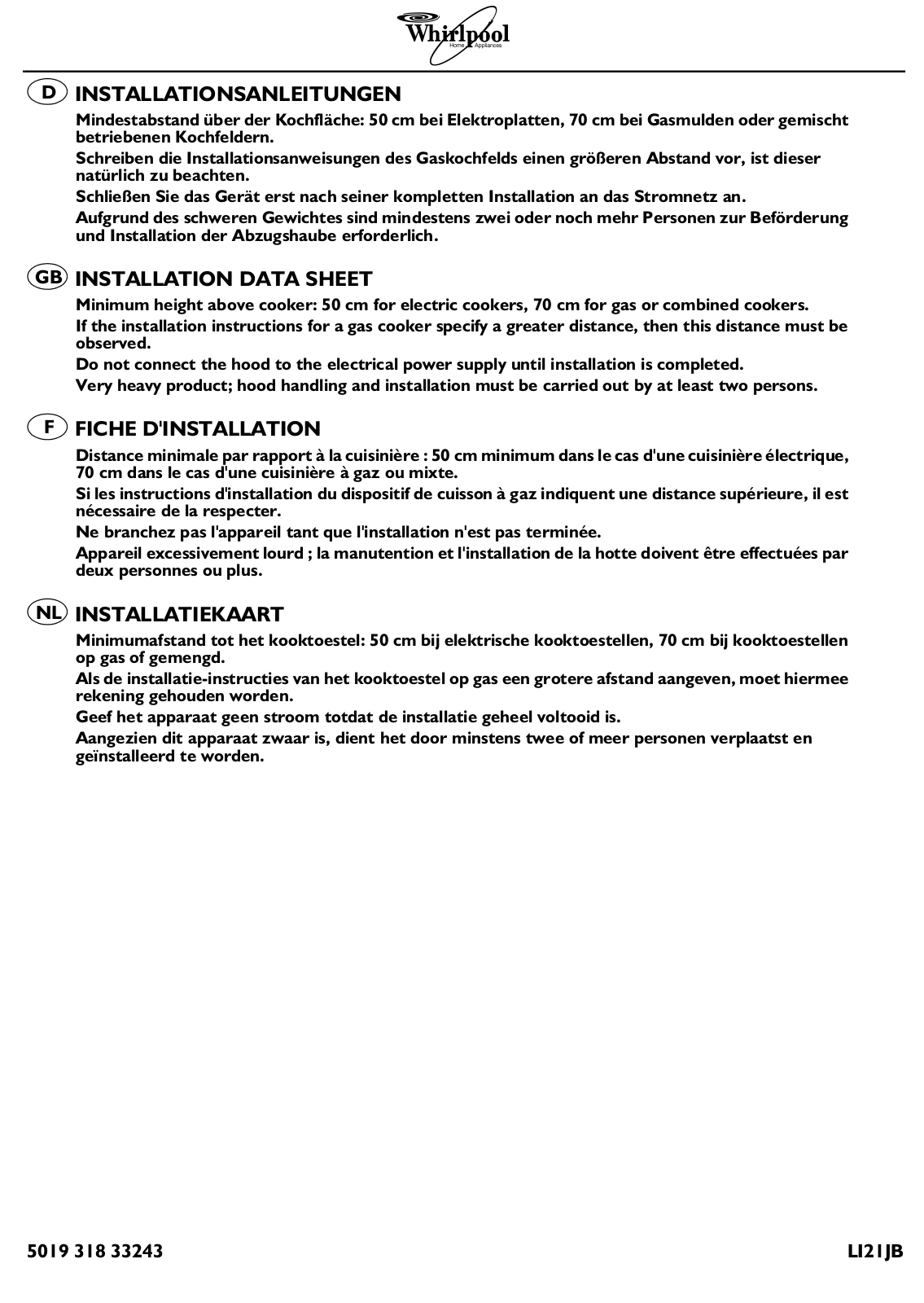 Whirlpool AKR 823/WH INSTALLATION INSTRUCTIONS