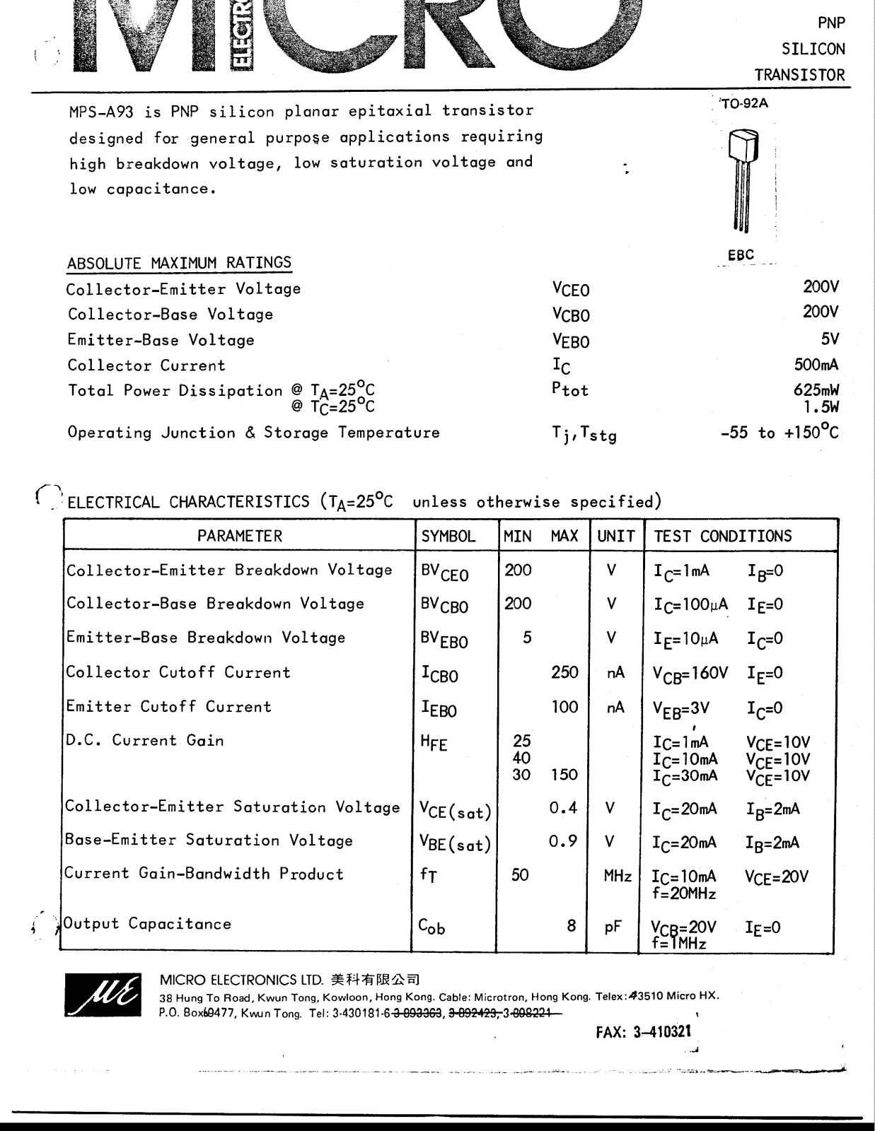 MICRO MPS-A93 Datasheet