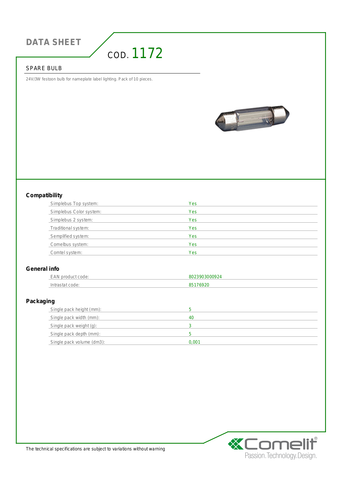 Comelit 1172 Specsheet