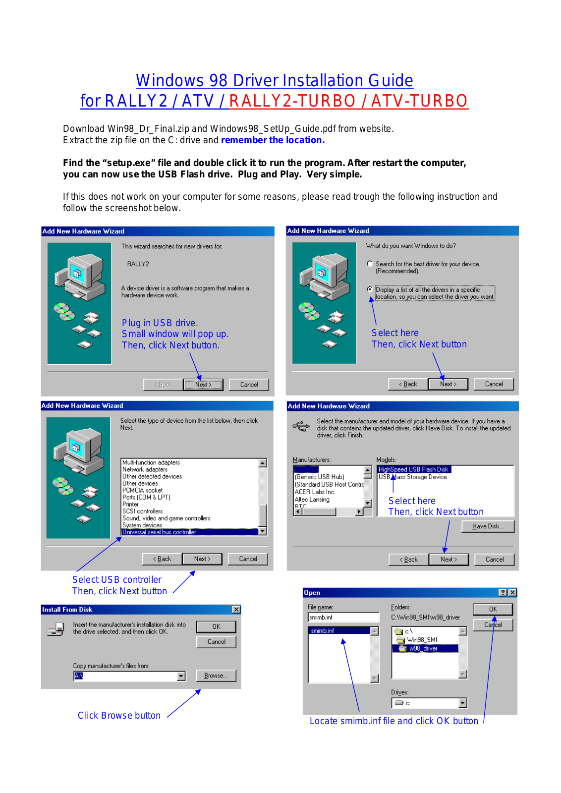 Ocz RALLY2, ATV, RALLY2-TURBO, ATV-TURBO Windows 98 Driver Installation Guide