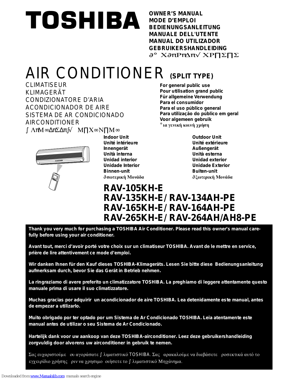 Toshiba RAV-135KH-E, RAV-134AH-PE, RAV-165KH-E, RAV-164AH-PE, RAV-265KH-E Owner's Manual