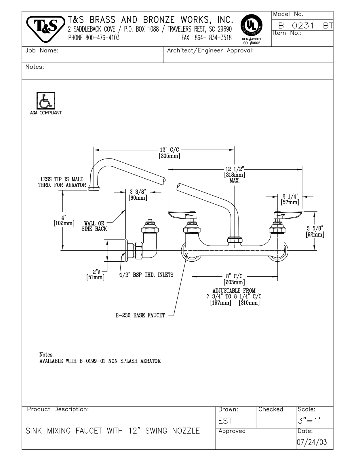 T&S Brass B-0231-BT User Manual