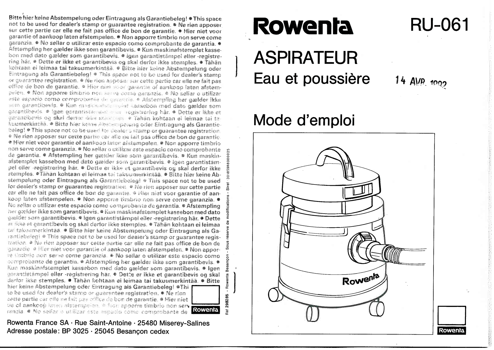 ROWENTA RU 061 User Manual