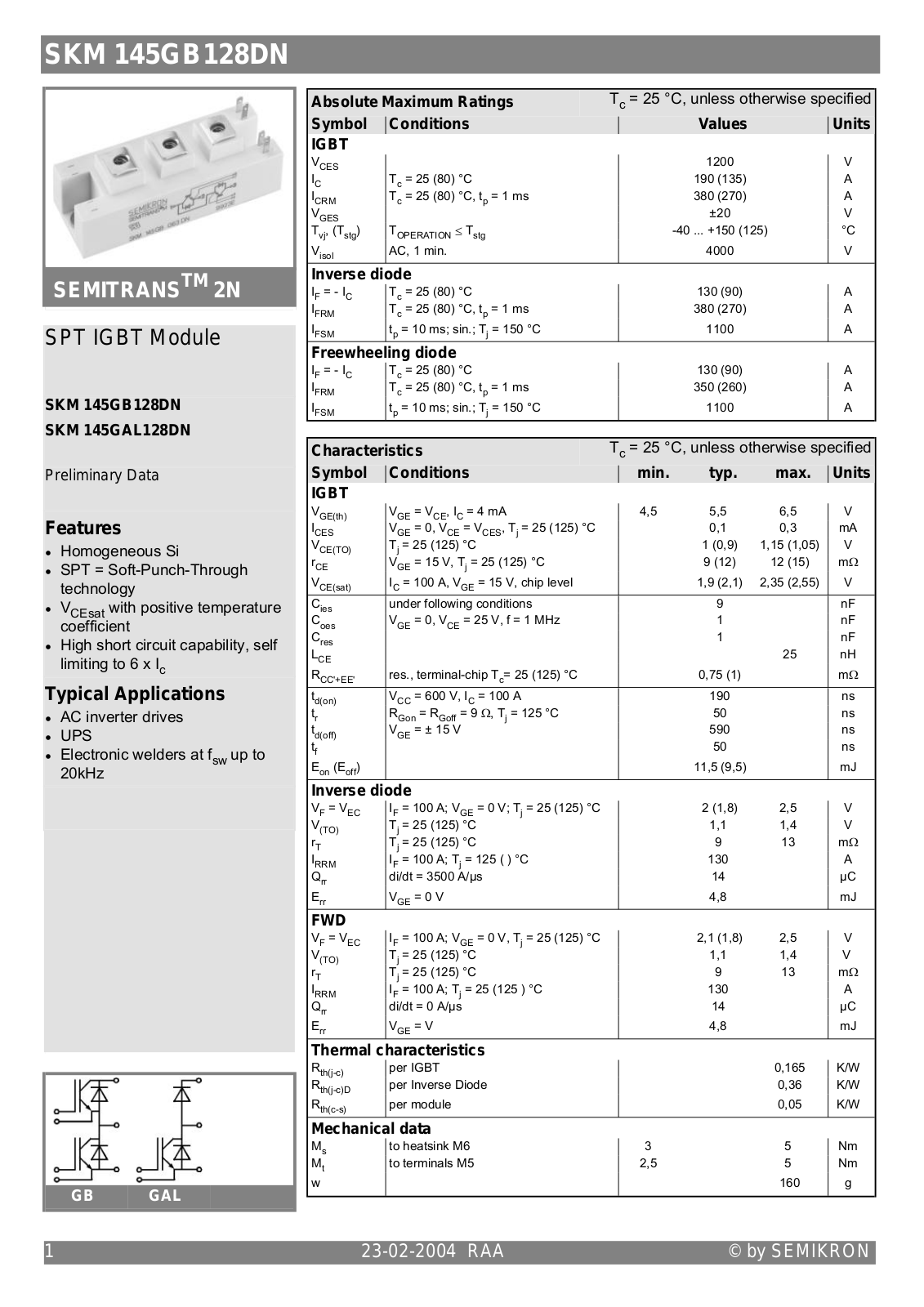 Semikron SKM145GB128DN Data Sheet