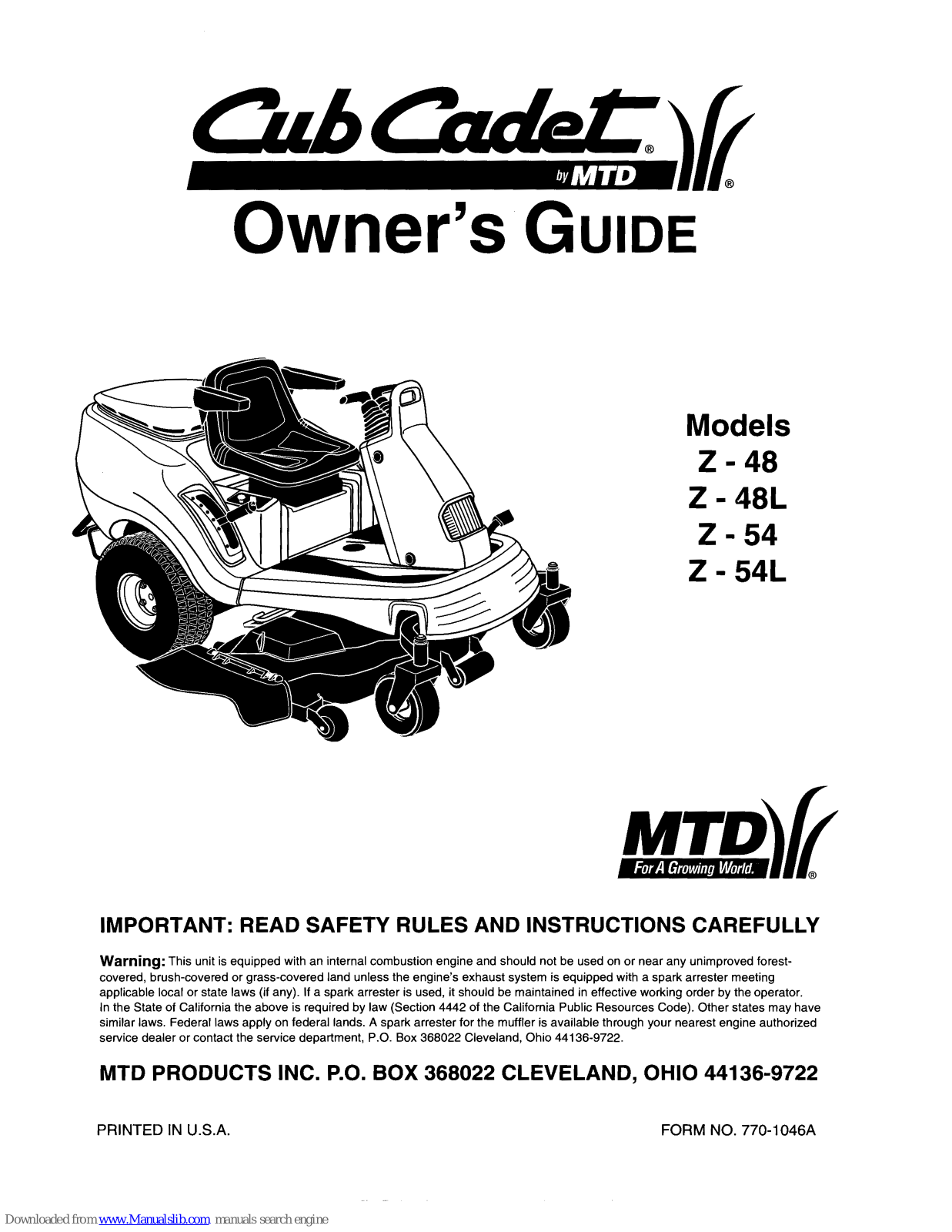 MTD Cub Cadet Z-48L, Cub Cadet Z-54, Cub Cadet Z-54L Owner's Manual