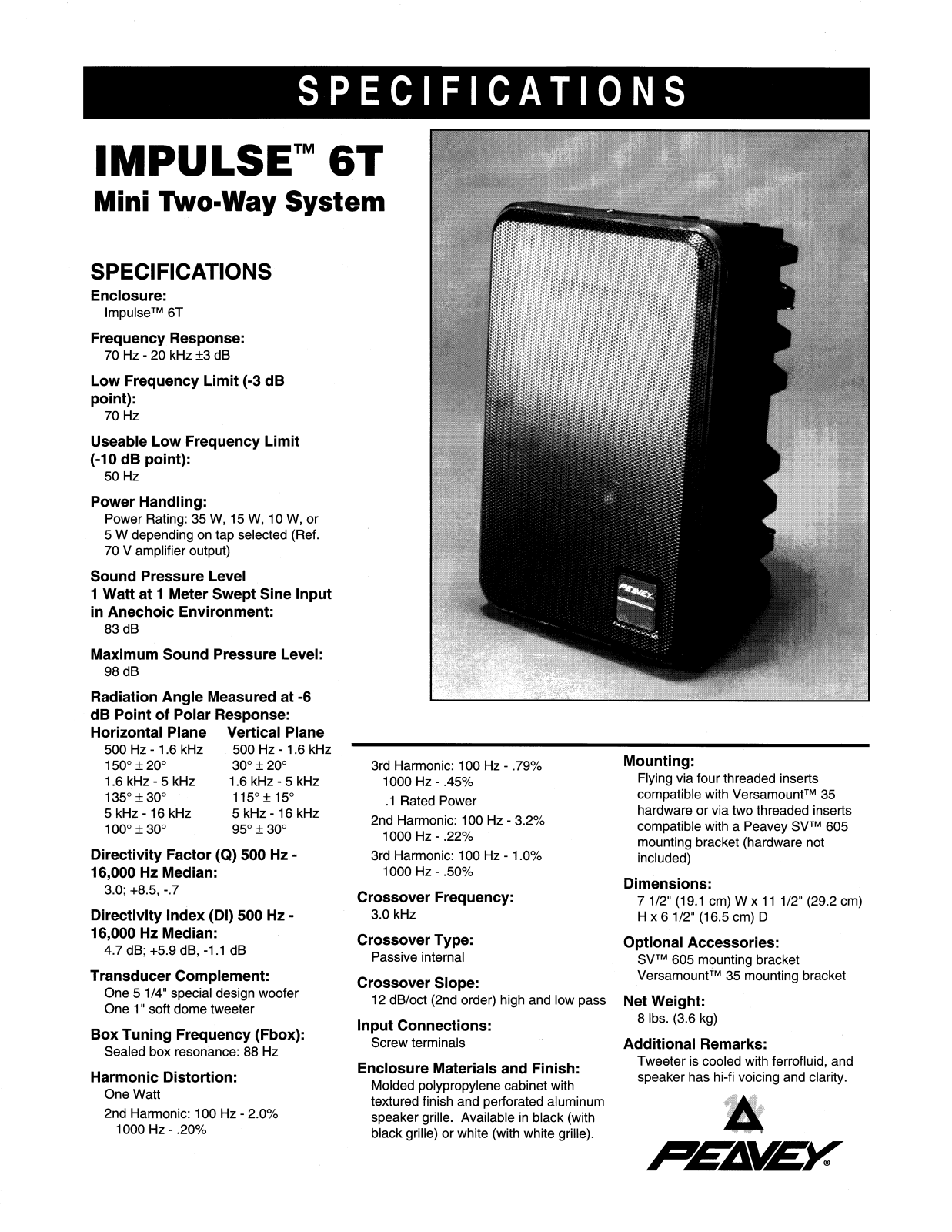 Peavey IMPULSE 6T DATASHEET