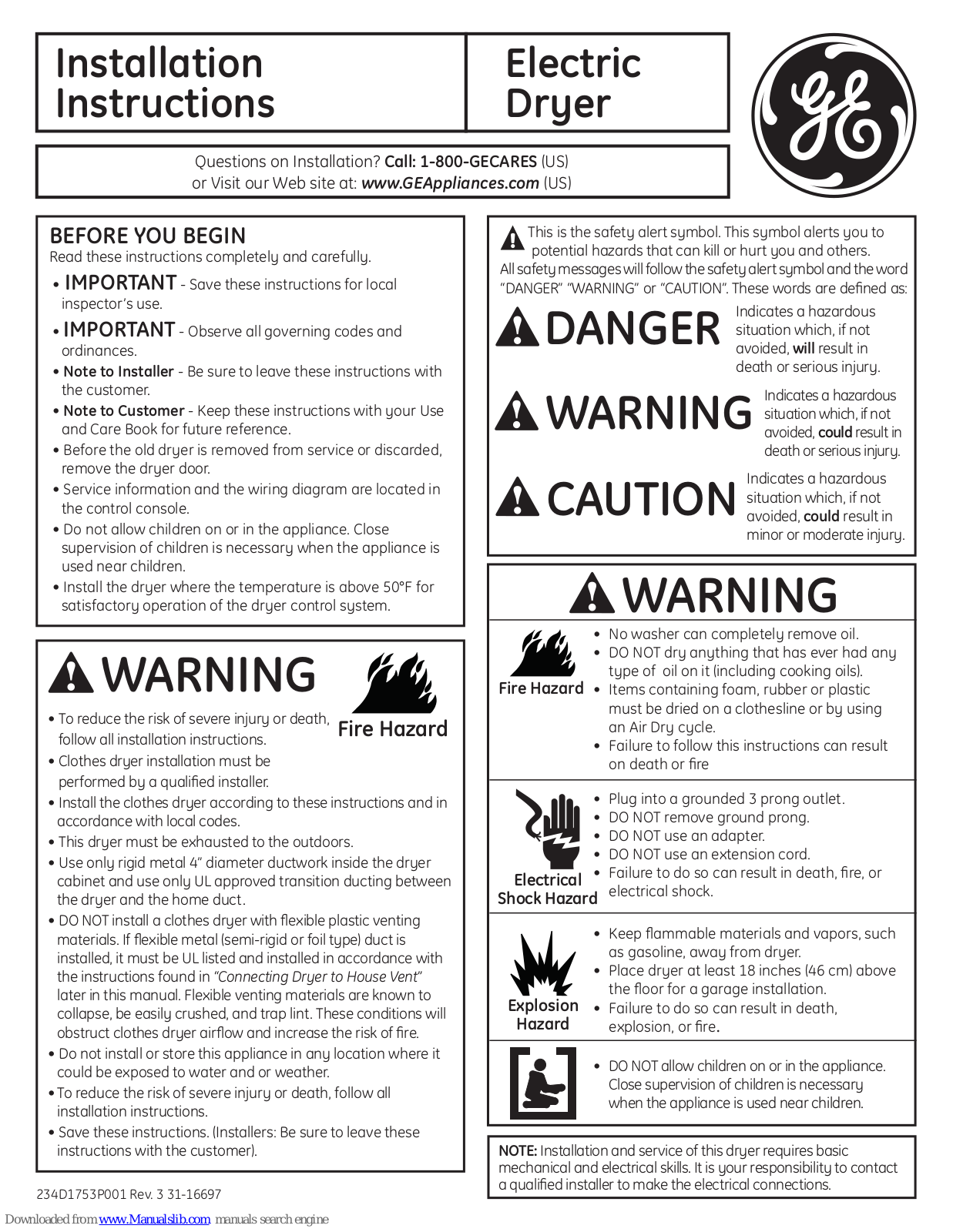 GE GTDL740EDWW, GTDS855EDMC, GTDS810ED0WS, GTDS810GD0WS, GTDS815ED0MC Installation Instructions Manual