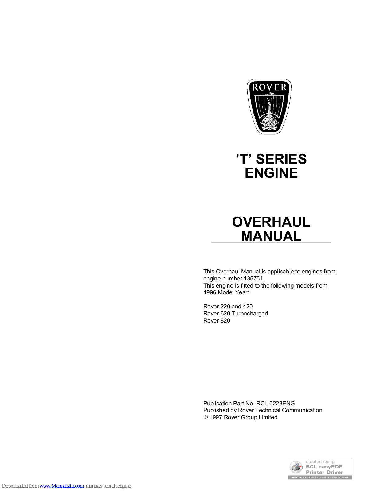 Rover T Series Overhaul Manual