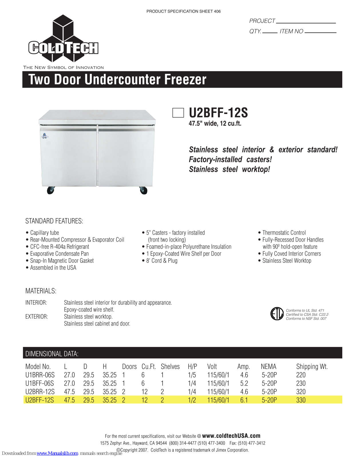 ColdTech U2BFF-12S Specifications - ManualMachine.com