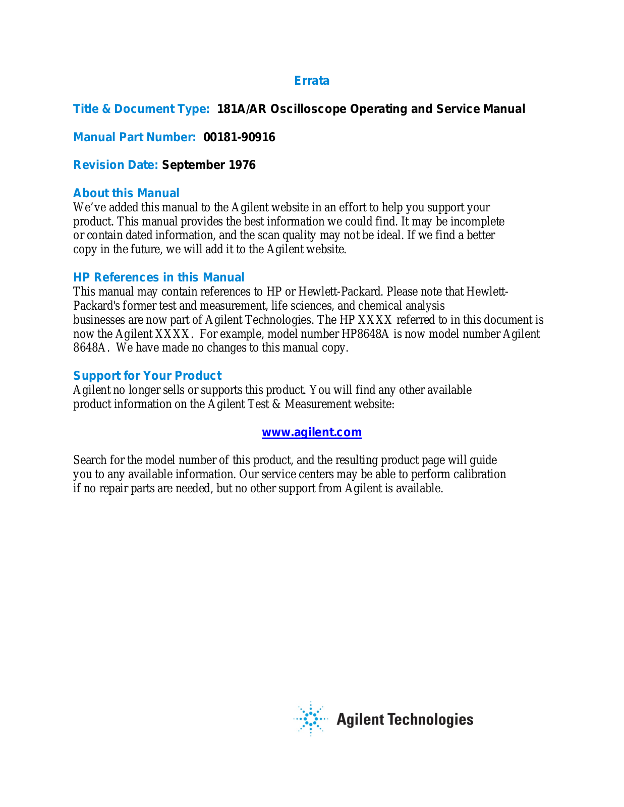 HP 181A OPERATING AND SERVICE MANUAL