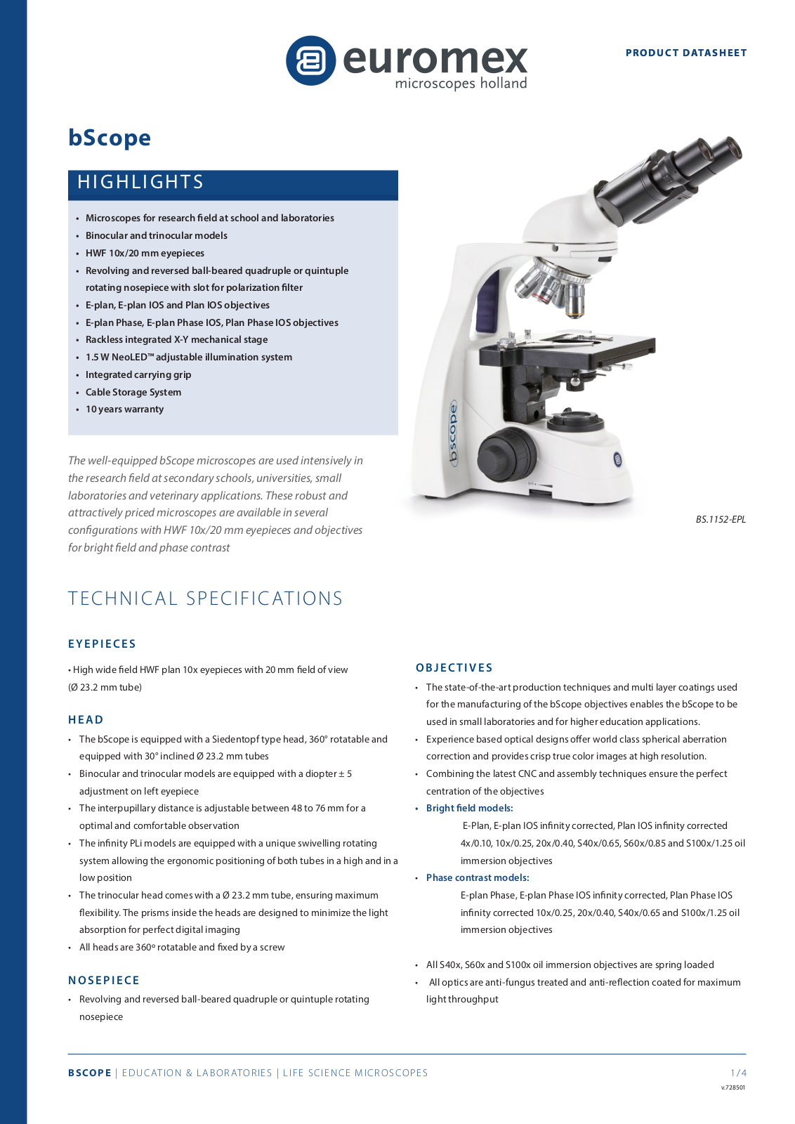 Euromex 1152-EPLi, BS.1153-EPLi, BS.1152-PLi, BS.1153-PLi, BS.1152-EPL Data sheet - ManualMachine.com