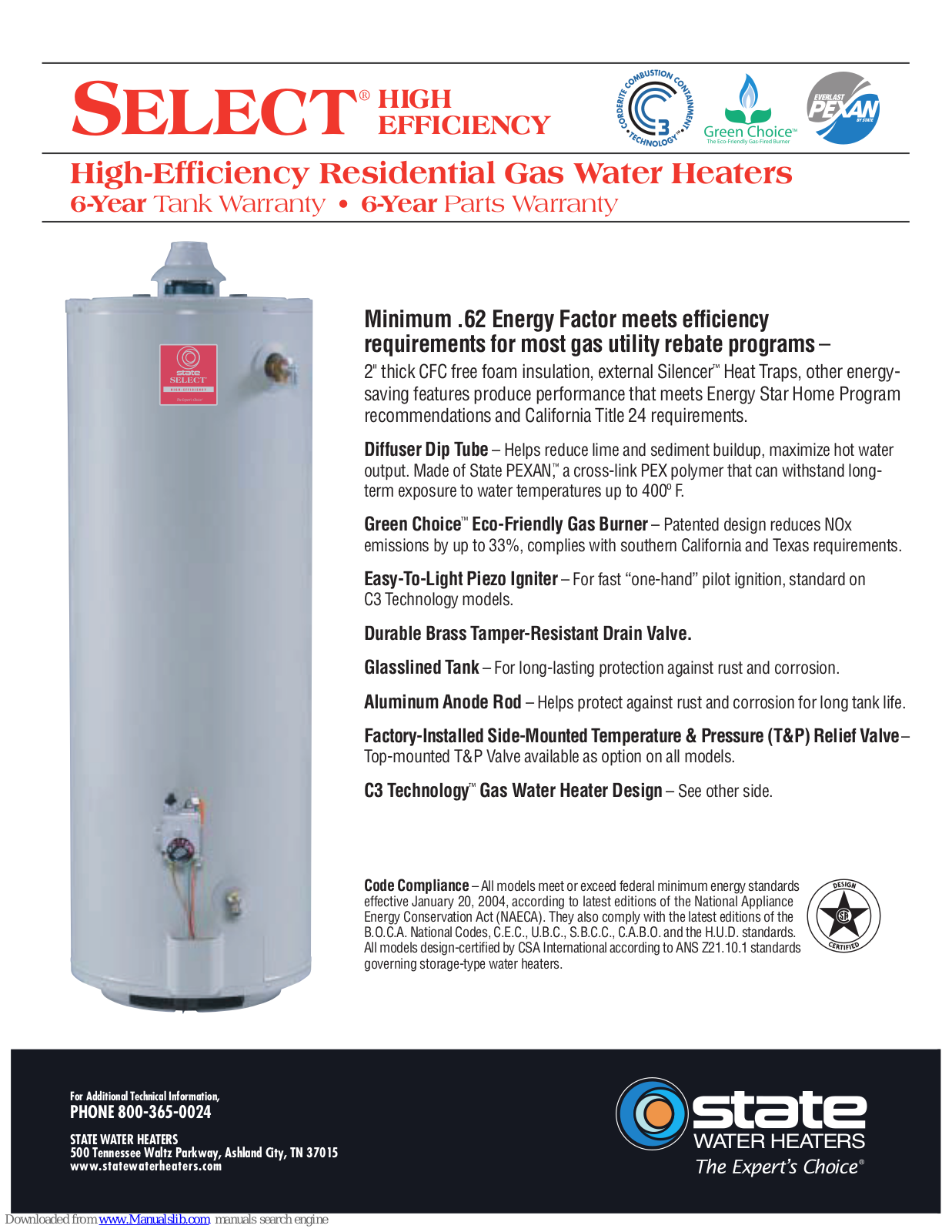 State Water Heaters Select SRGSS01906, Select GS6 30 YOCT, Select GS6 40 YOCT, Select GS6 50 YOCT Specification Sheet - ManualMachine.com