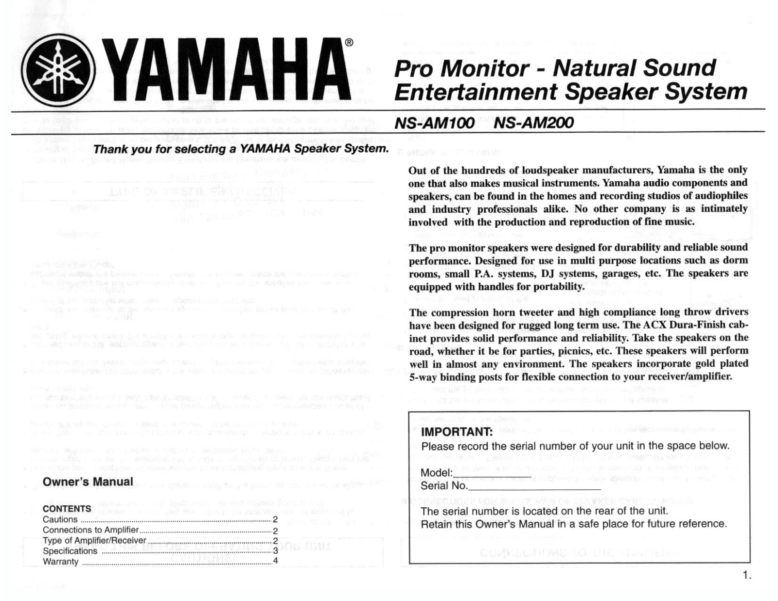 Yamaha NS-AM200, NS-AM100 Owner's Manual