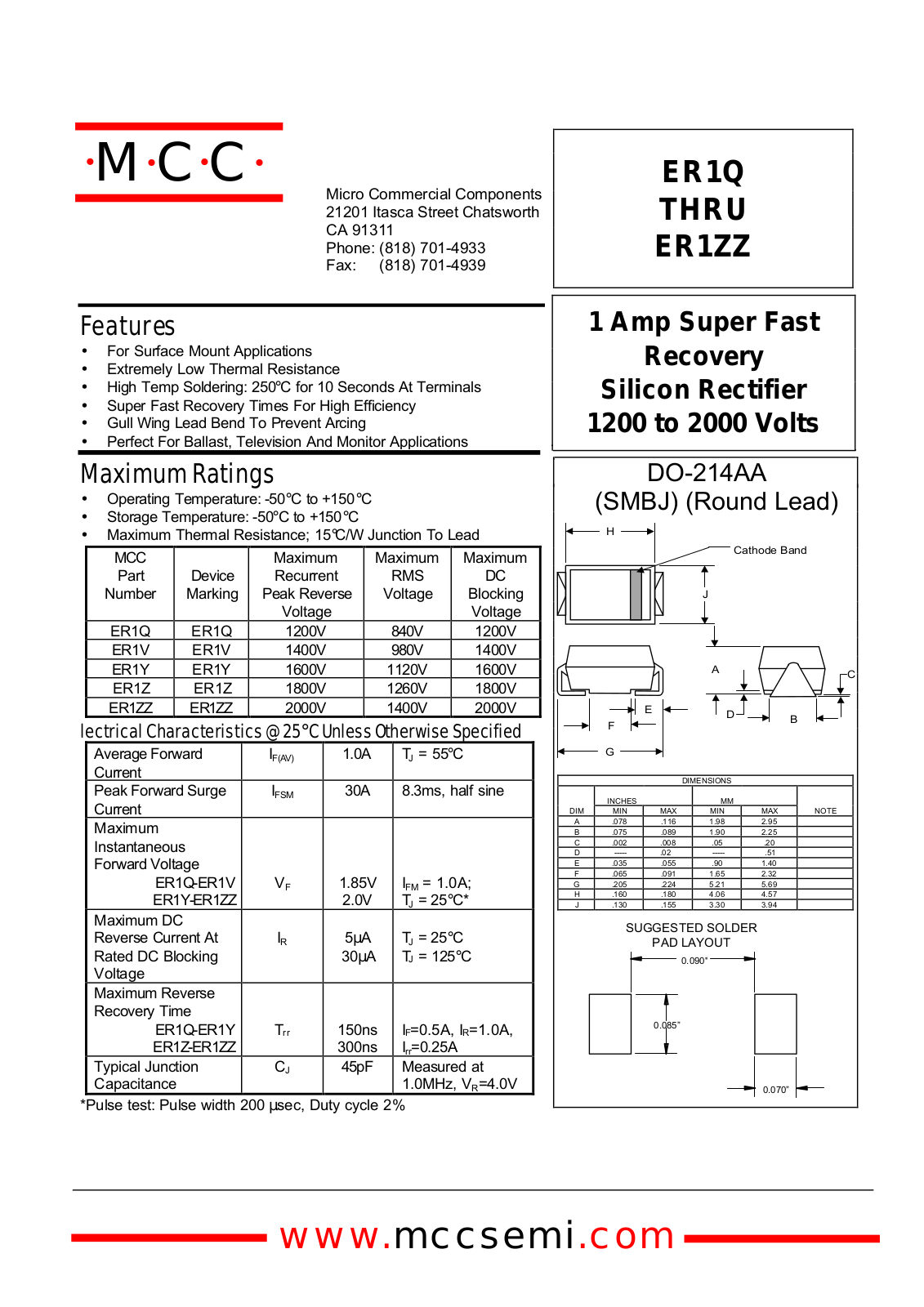 MCC ER1ZZ, ER1Z, ER1Y, ER1V, ER1Q Datasheet